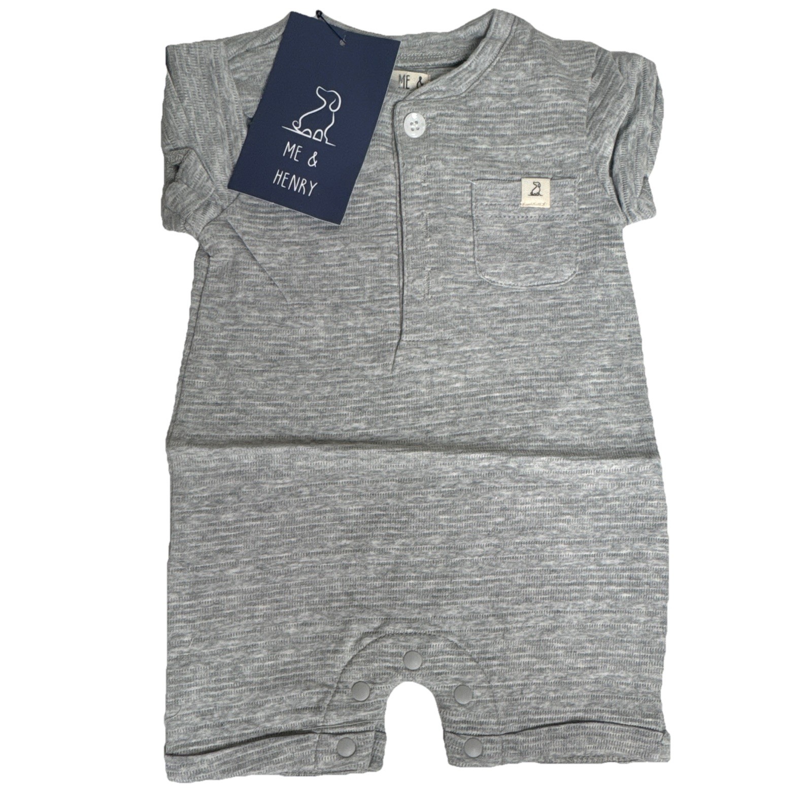 Me & Henry Gray Solid Knit Cotton Romper One-Piece, Short Sleeve 9-12 Months