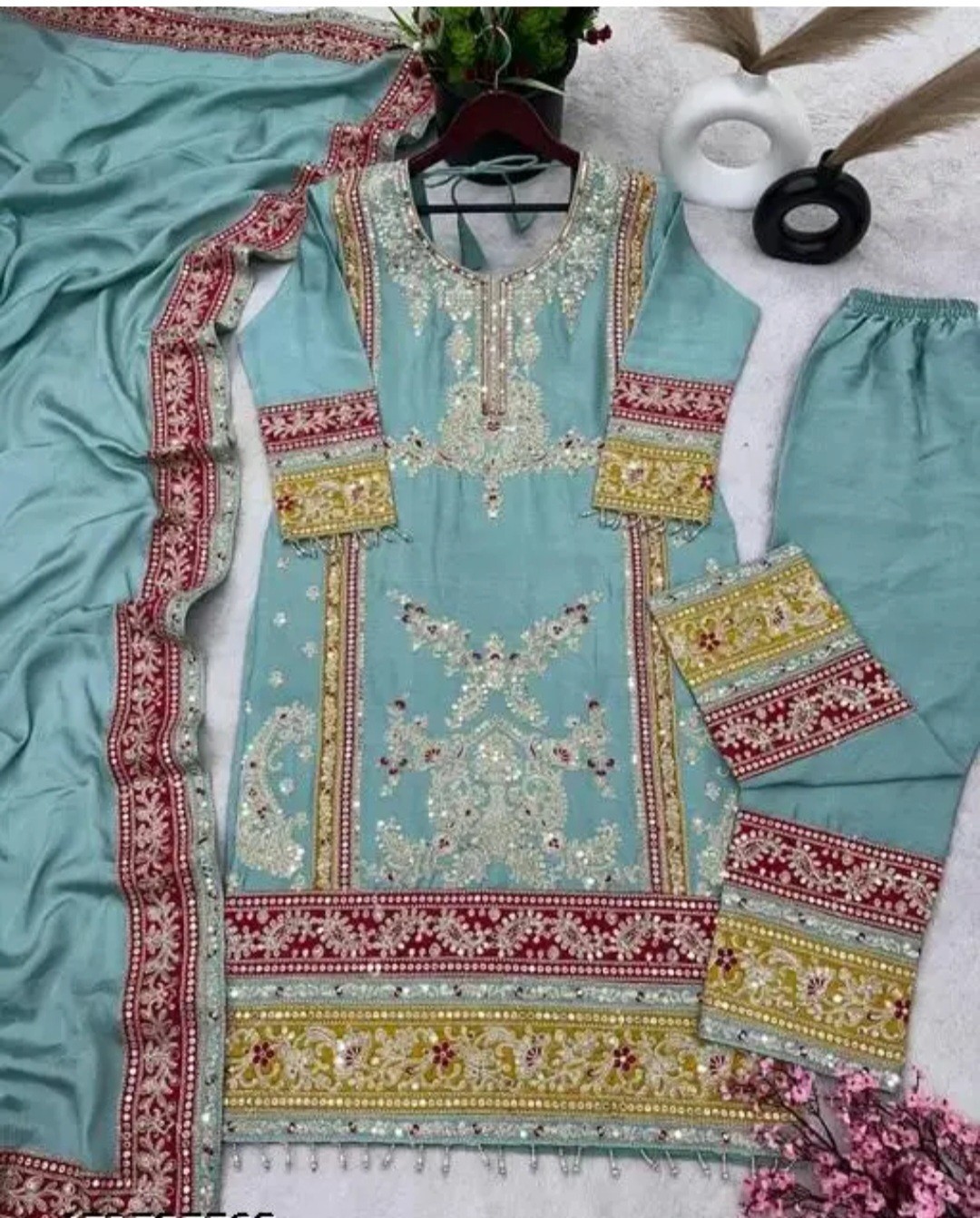 Women Embroidered Heavy Chinon Silk Kurti With Pant Designer Duppata. Wedding…