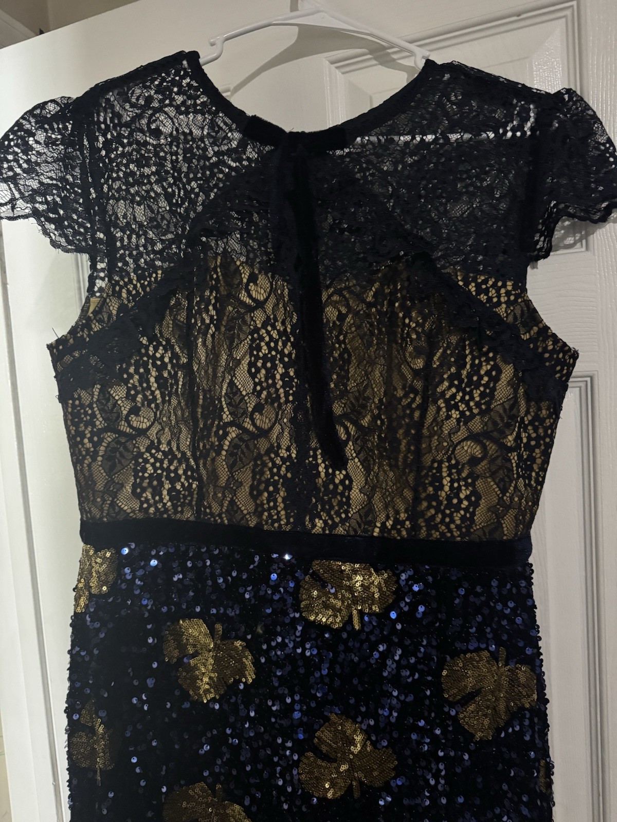 Blue Gold Sequin Floral Lace High Neck Sheath Midi Dress Zip Short Sleeve M