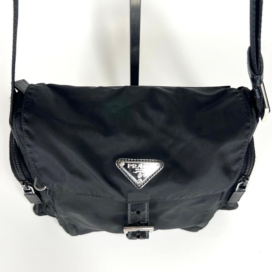 Prada Nylon Messenger Bag Black Triangle Logo Crossbody Flap Unisex 8.3in