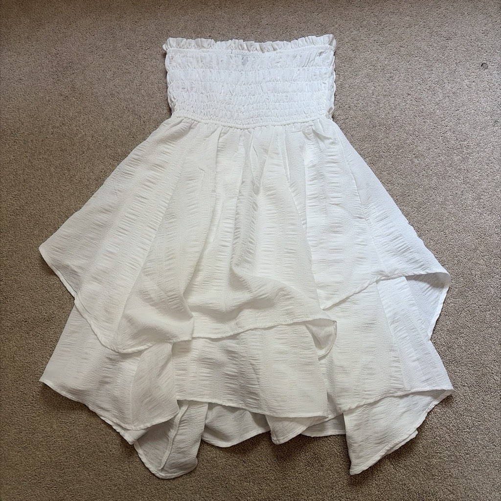 Wild Fable White Solid A-Line Short Dress Smocked Strappy Layered Size S