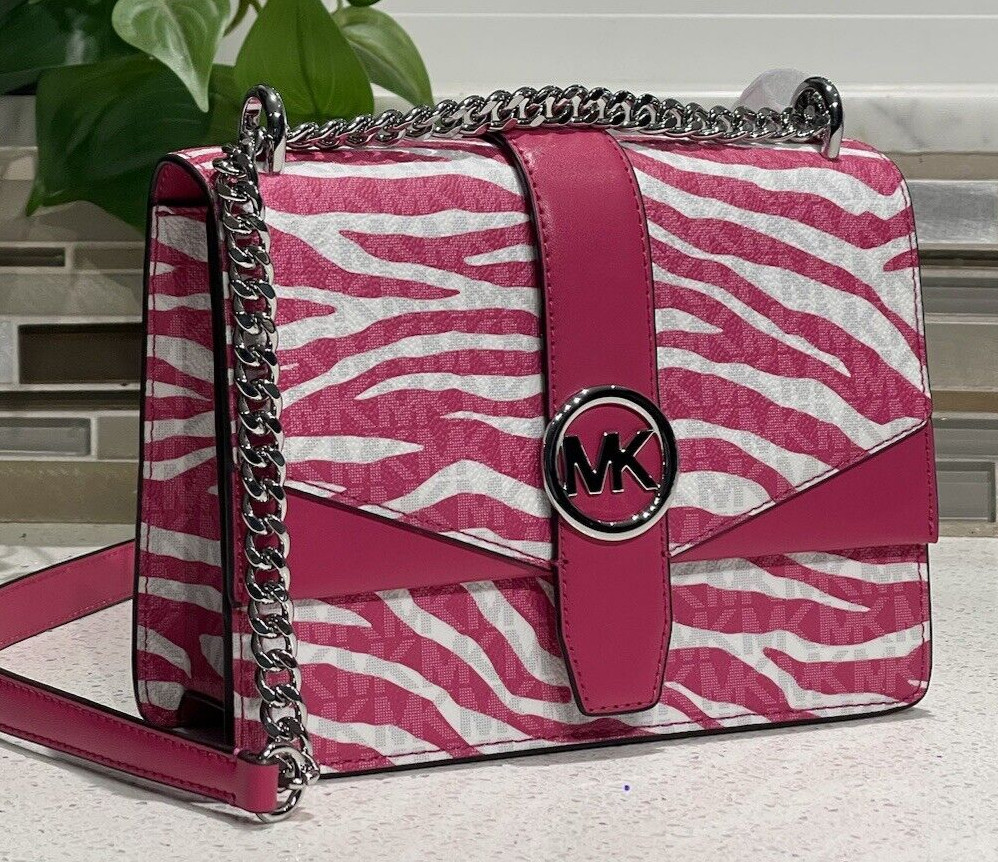 MICHAEL KORS GREENWICH SMALL FLAP CROSSBODY MK CHAIN BAG TOTE PINK ANIMAL ZEBRA