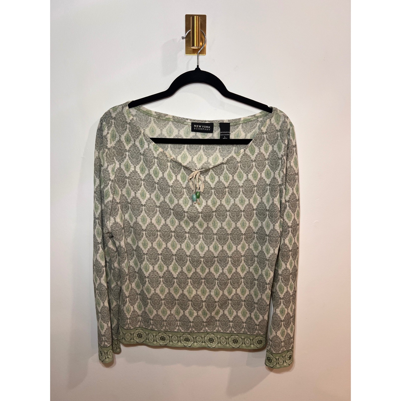 Vintage Y2K Boho Peasant Damask Green Long Sleeve Beaded Tassle Top- Large