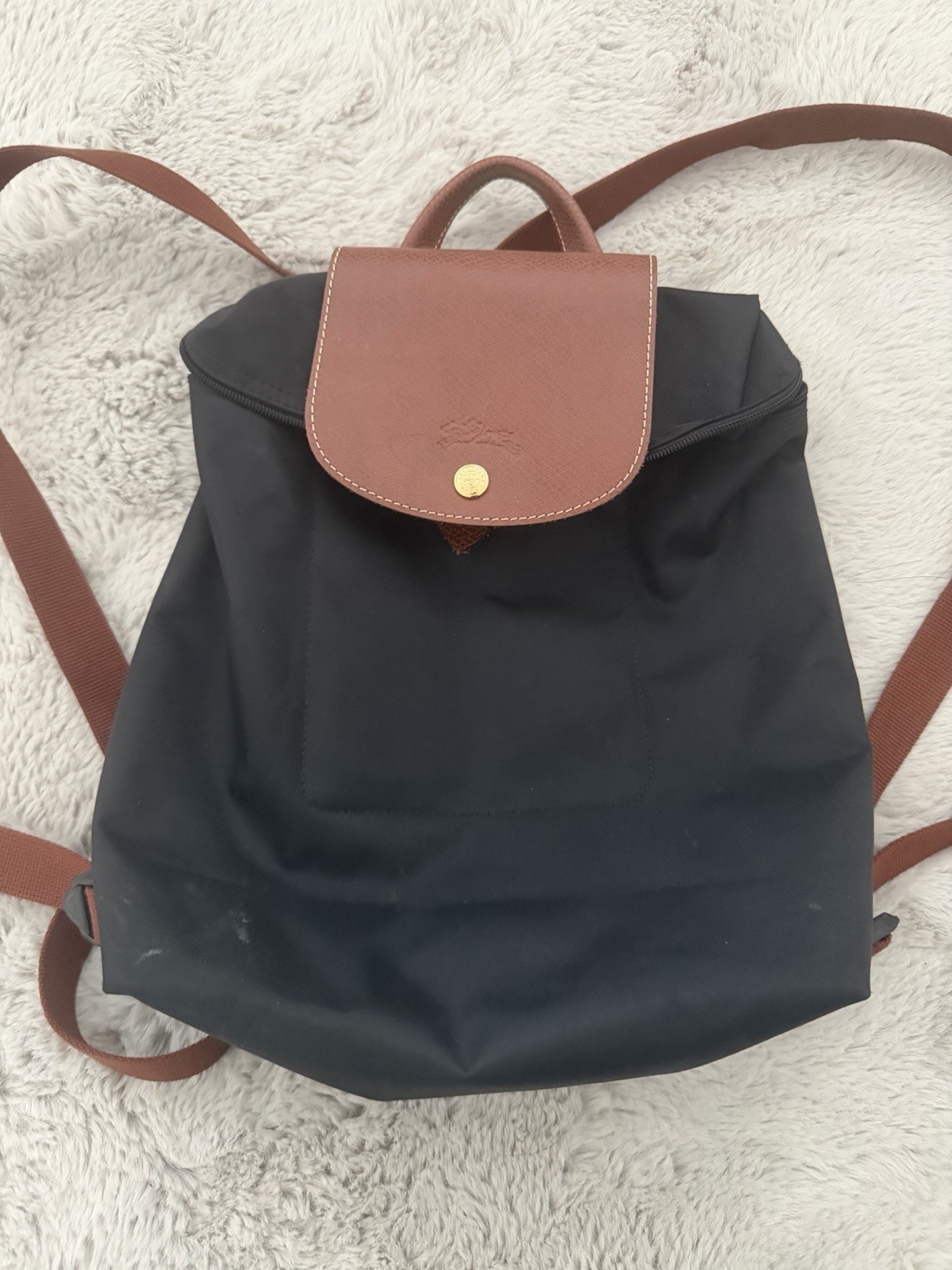 Longchamp Le Pliage Black Backpack Brown Trim Gold Hardware