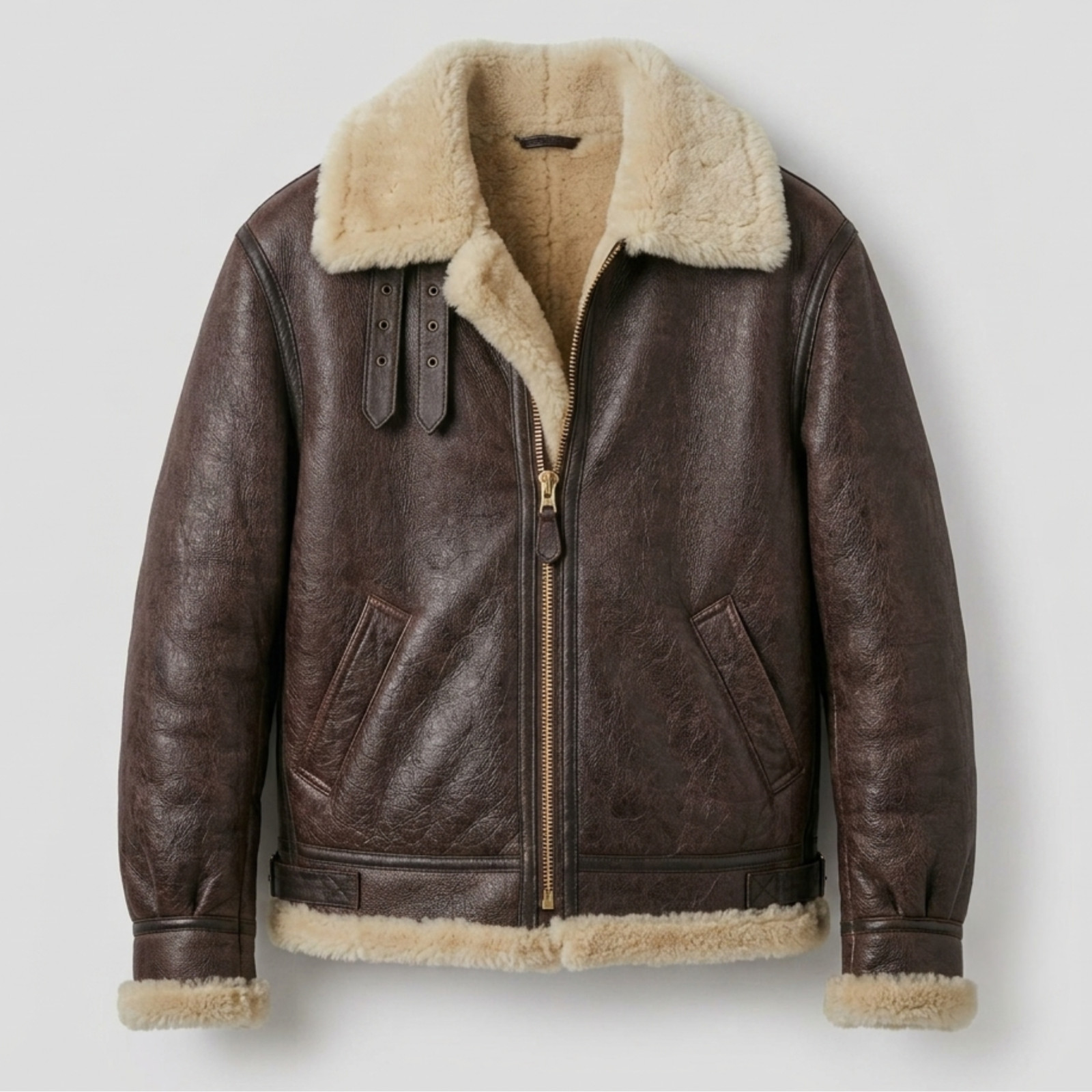 Mens Brown Shearling Sheepskin Leather B3 Bomber Aviator Flight Jacket Coat