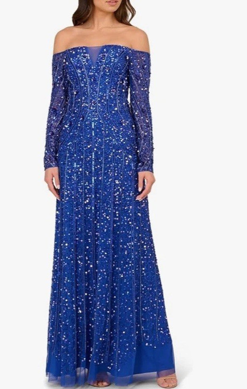 Adrianna Papell Women’s Beaded Off Shoulder Long Sleeve Gala Gown Dress Size 12