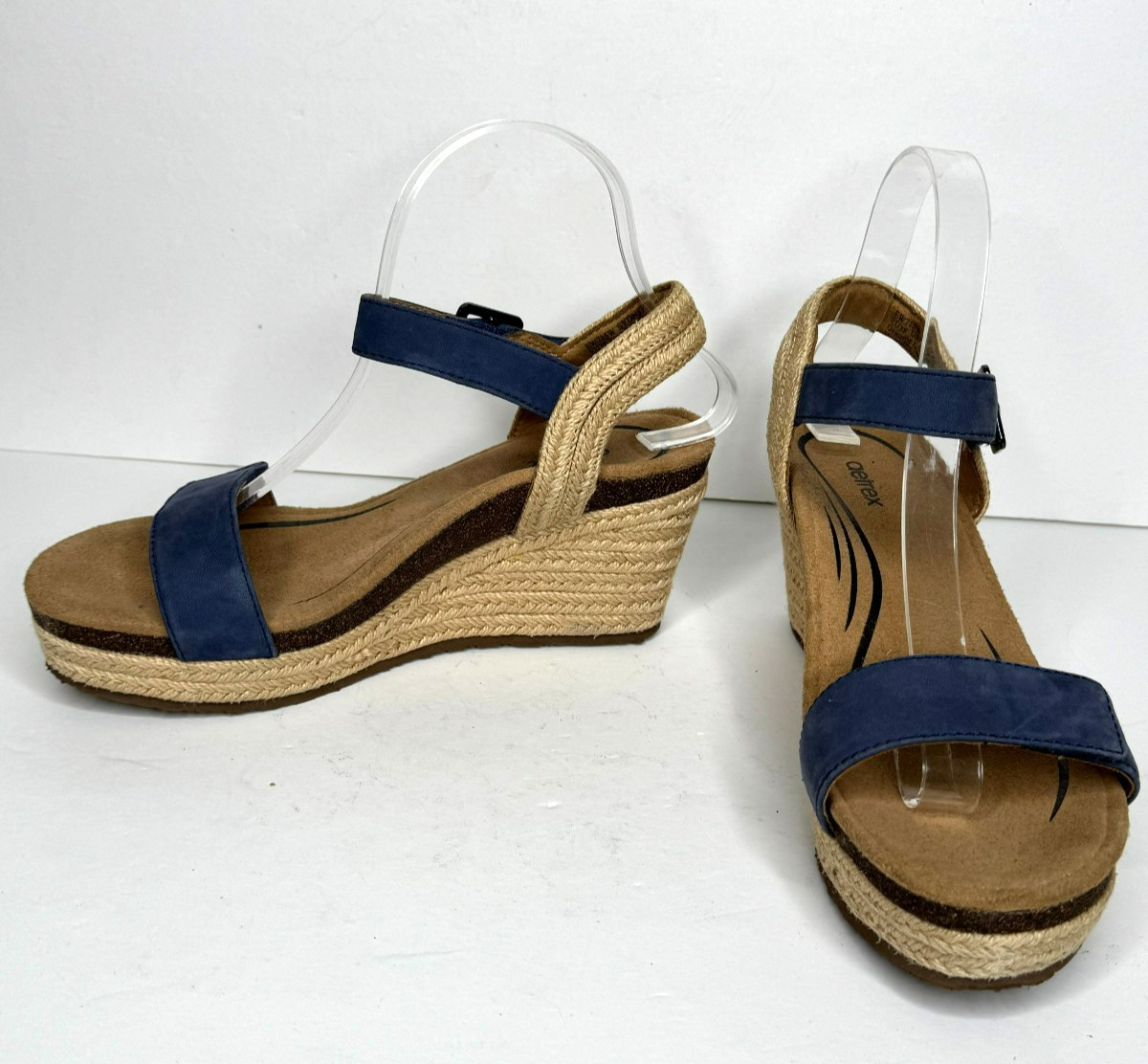 Aetrex Sydney Espadrille Wedge Sandals Womens 7.5/8 Euro 38 Blue Leather Comfort