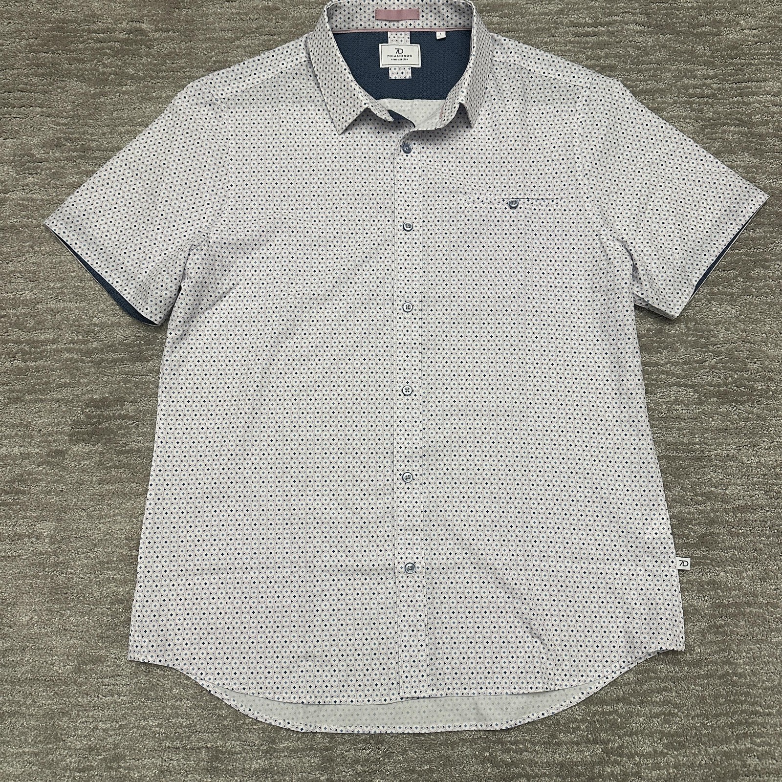 7Diamonds Ephraim Shirt Mens Large Blue Geometric Short Sleeve Stretch Button Up