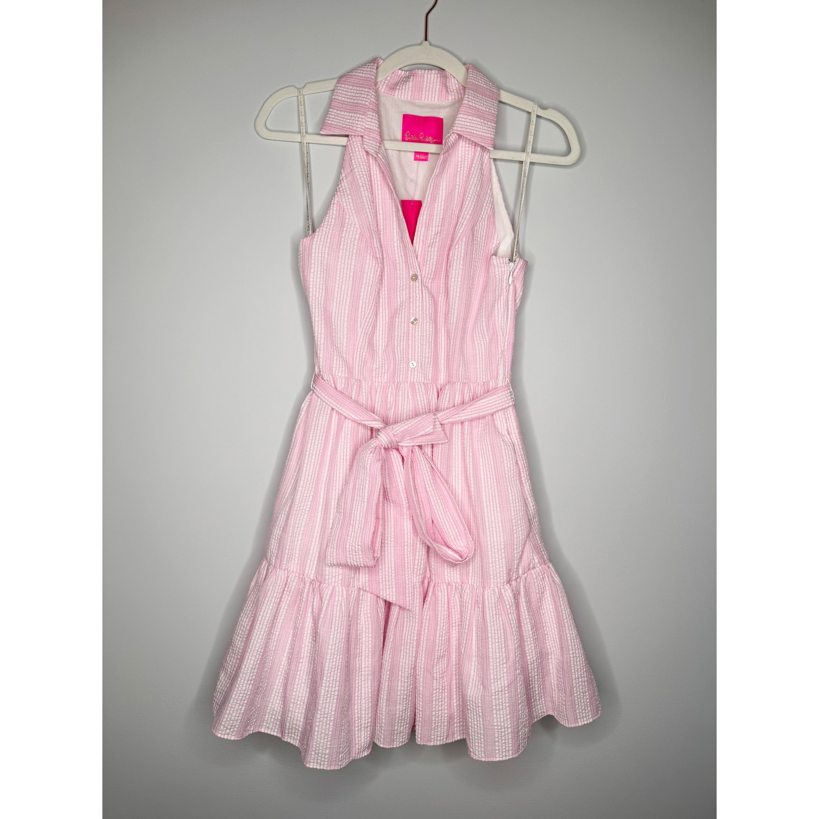 Lilly Pulitzer Trisha Shirt Dress Size 4 Pink White Seersucker Belted NWT