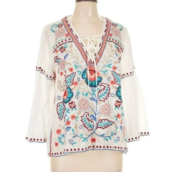 Johnny Was Oman Laceup Swing Embroidered Blouse Size L