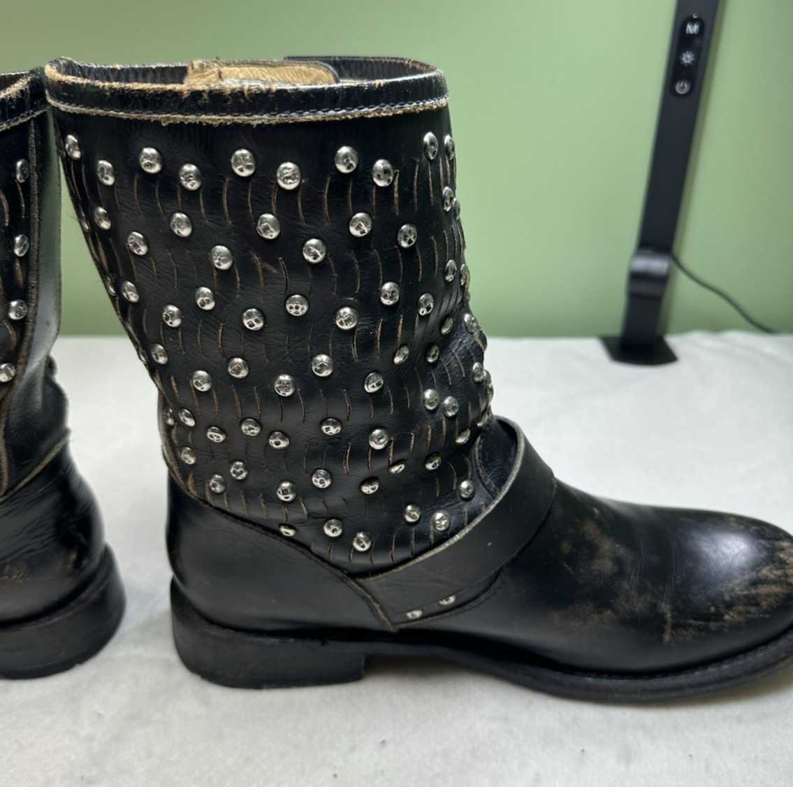 Frye Jenna Cut Stud Short Moto Boots Wms Size 9.5B, Retail $428 Distressed Black