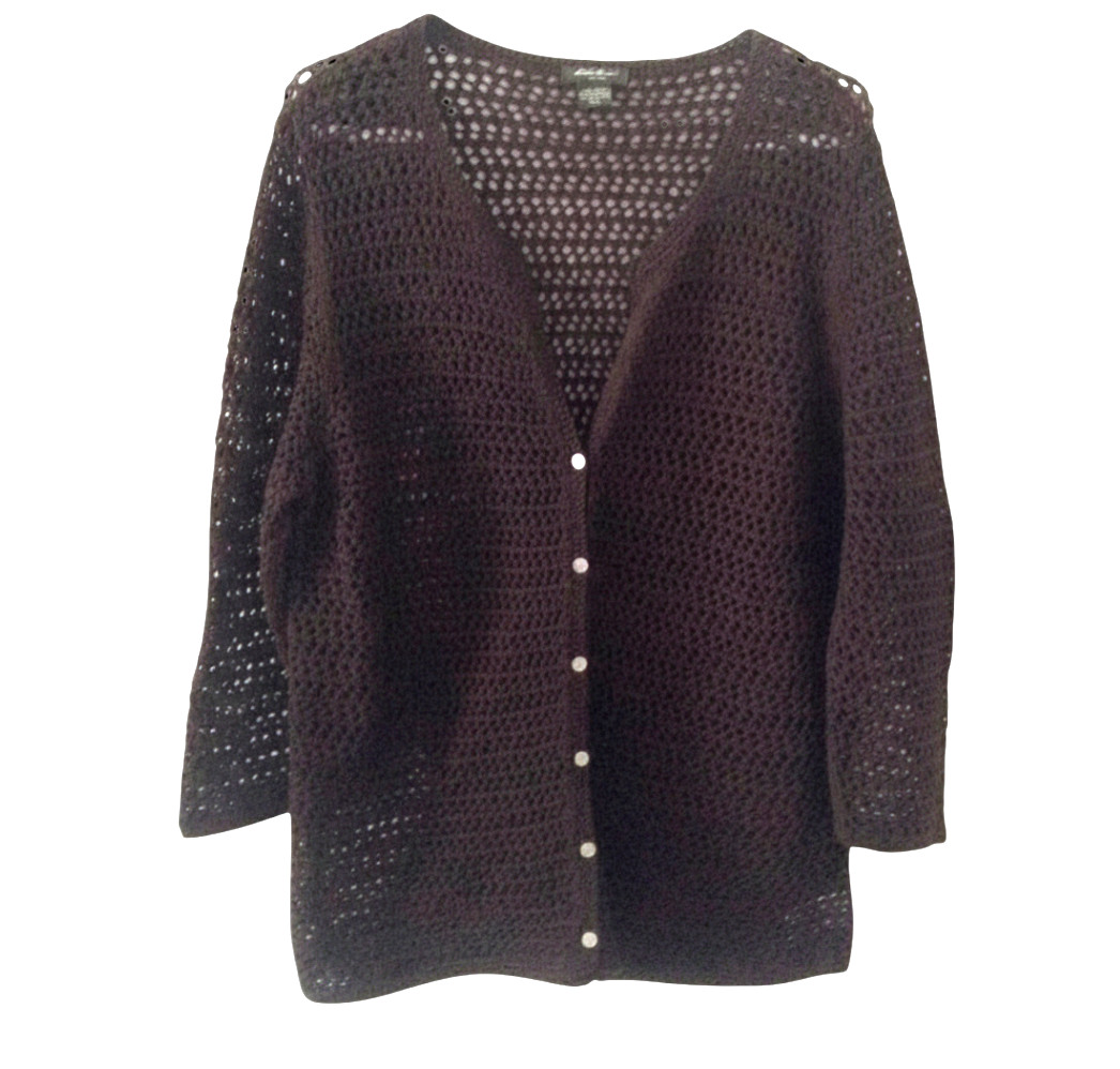 EDDIE BAUER Dark Brown Sweater Cardigan OPEN CROCHET STYLE KNIT Cotton Airy SZ L