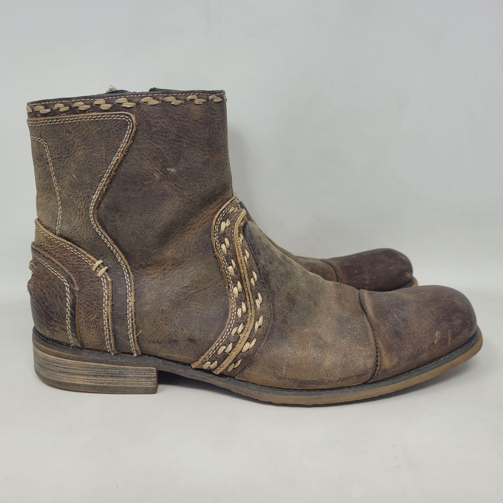 Bed Stu Boots 9 Brown Leather Revolution Ankle Zip Square Toe Distressed Rugged