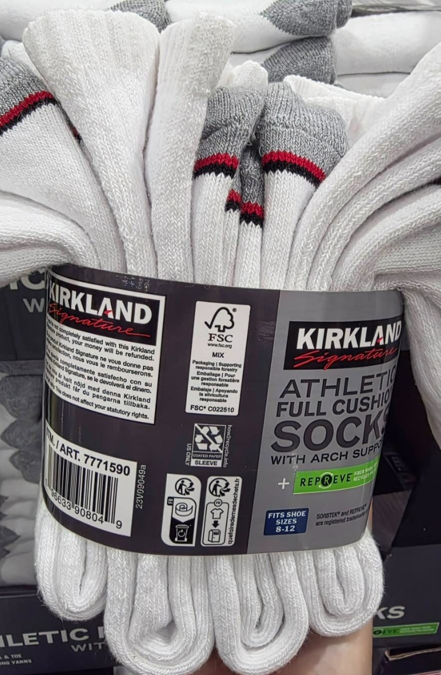 Kirkland Signature Athletic Crew Socks Full Cushion Arch Support White Size 8-12