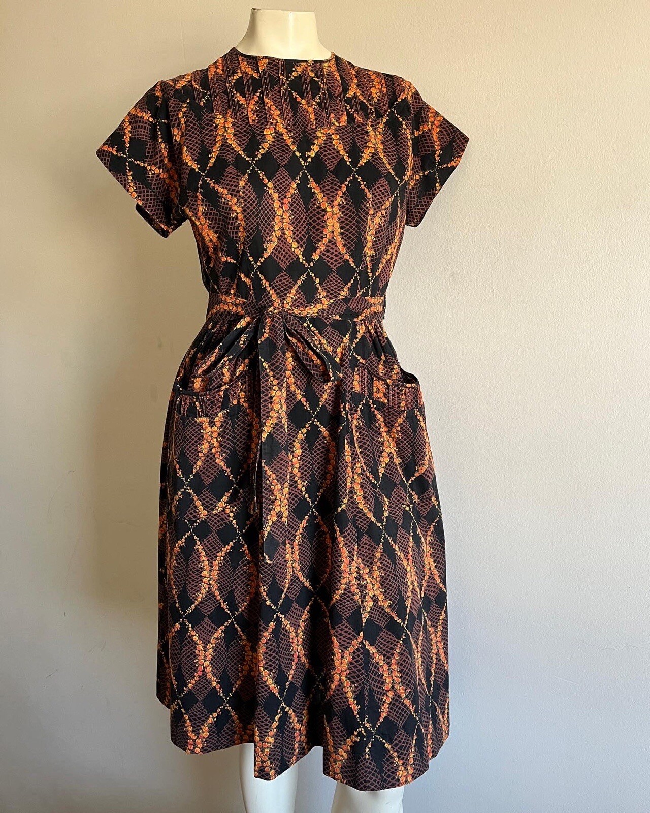 Vtg 50s Black Orange Yellow Rose Floral Swirl Wrap Dress