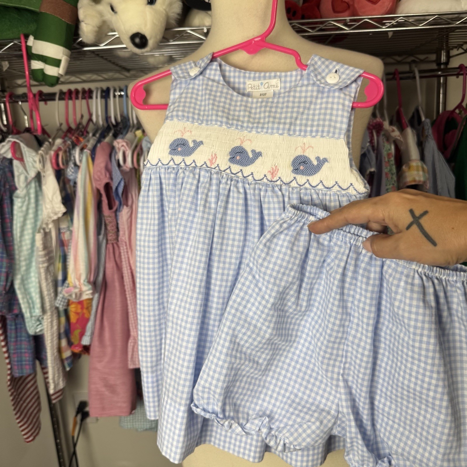 Girls Petit Ami Whale Smocked Dress & Bloomers 2PC Set Blue White Gingham 12M