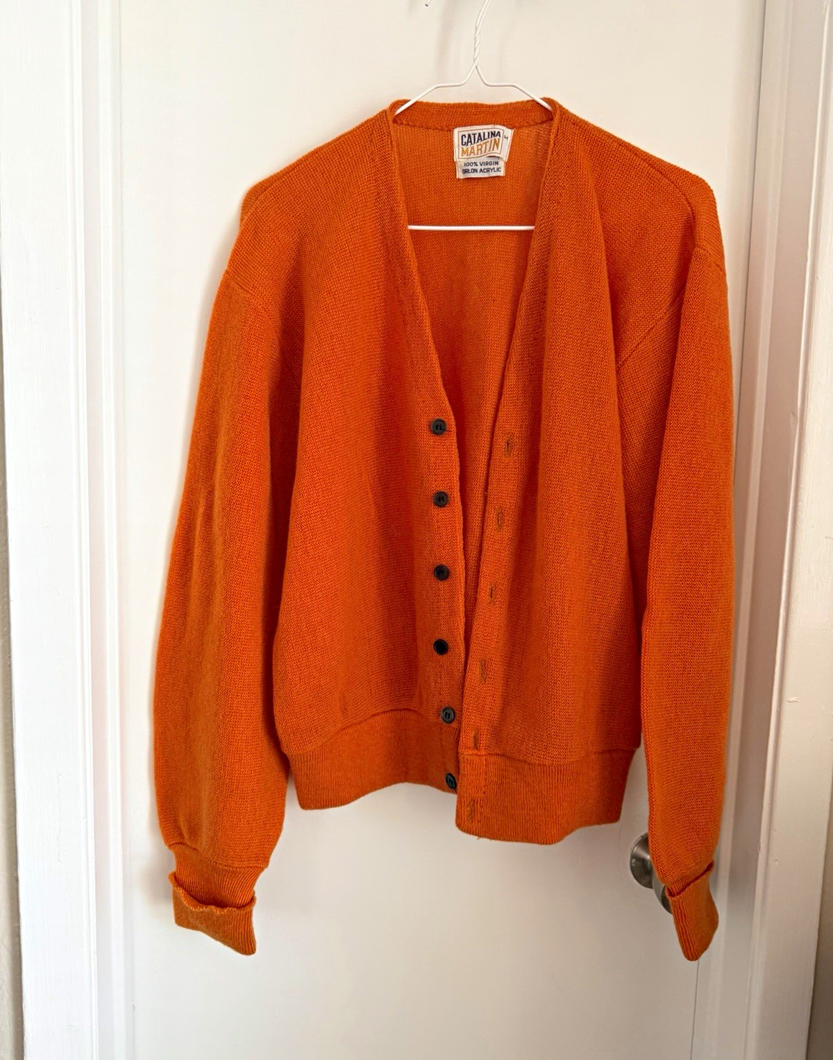 Vintage 1950s Catalina Martin Orange V-Neck Button-Up Knit Cardigan Sweater M