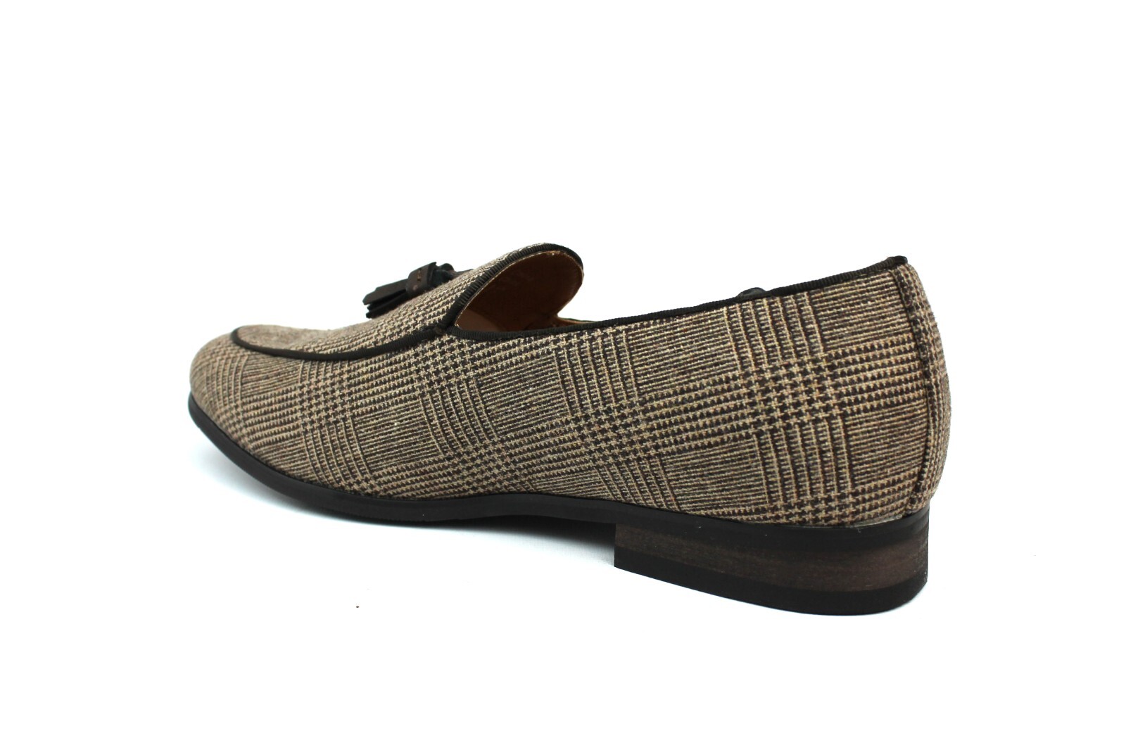 Mens Slip On Loafers Tan Brown Houndstooth Plaid Dress Shoes Leather Tassel AZAR