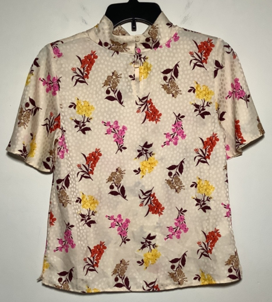 Ann Taylor Floral High Neck Blouse Short Sleeve Top cream beige Sz XSP Petite XS