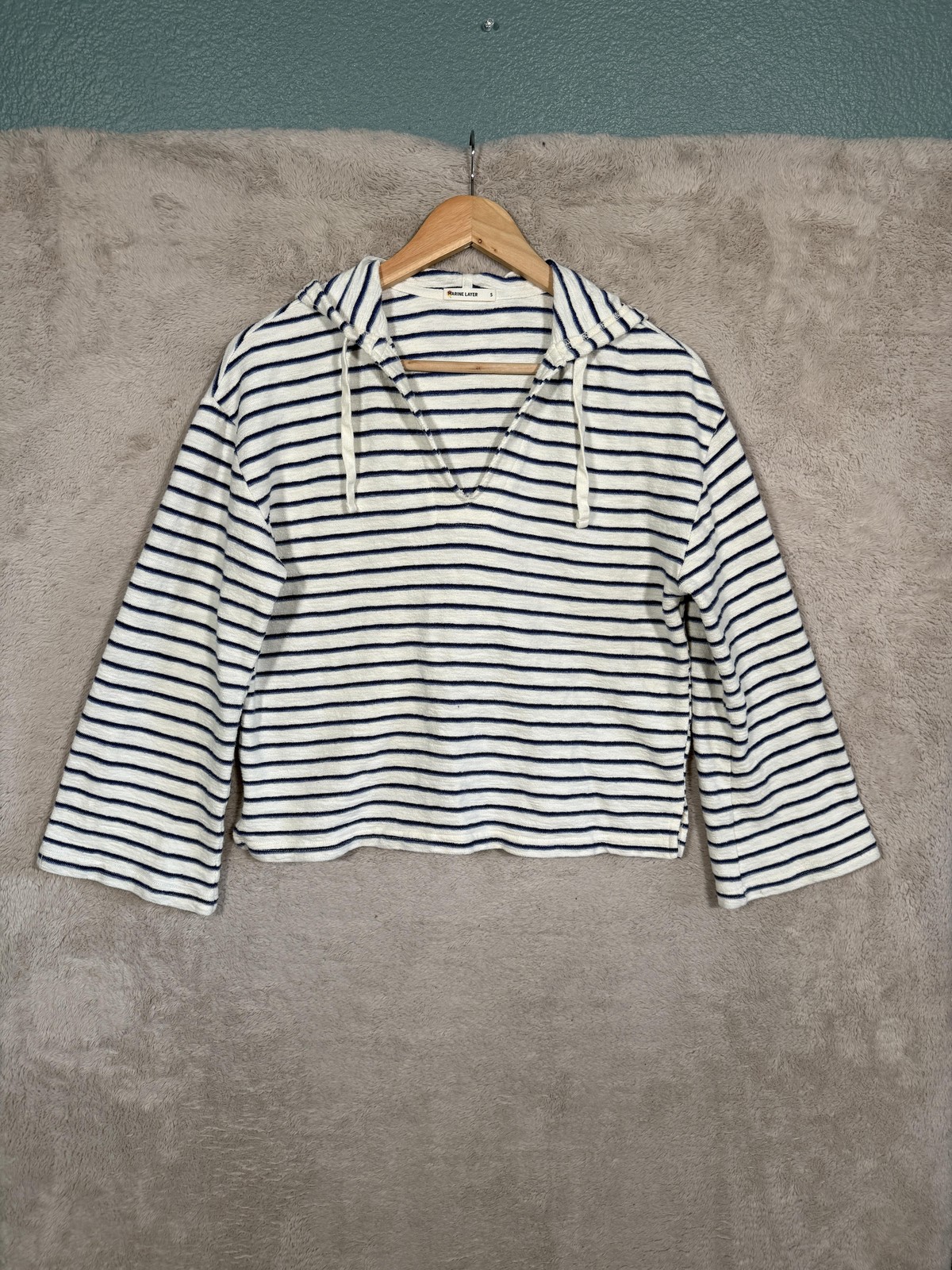 Marine Layer Pullover Hoodie Womens Small White Blue Striped Terry Summer 2022