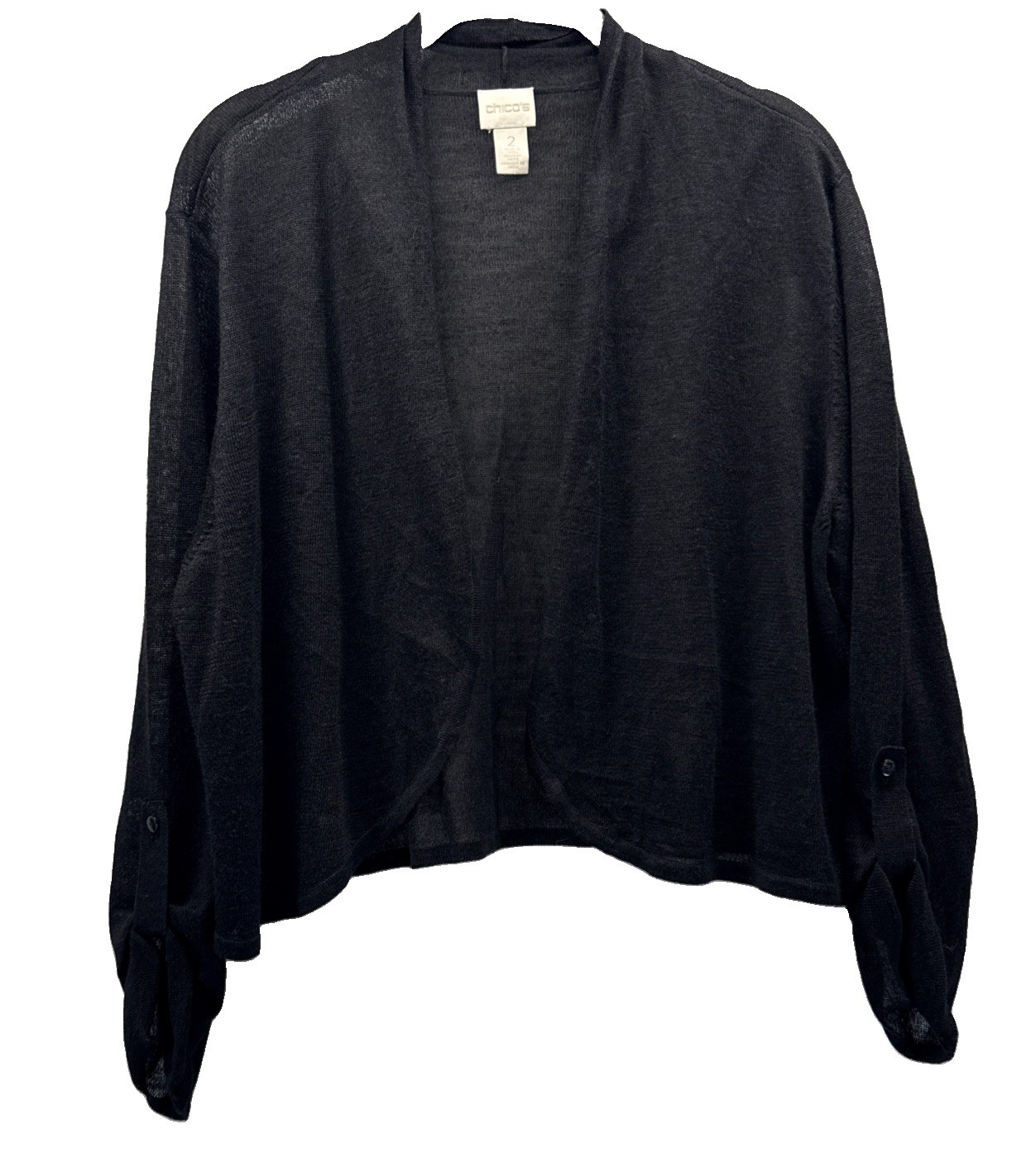 Chicos Women’s Cardigan Sweater L Lightweight Open Roll Tab Sleeves Semi Sheer