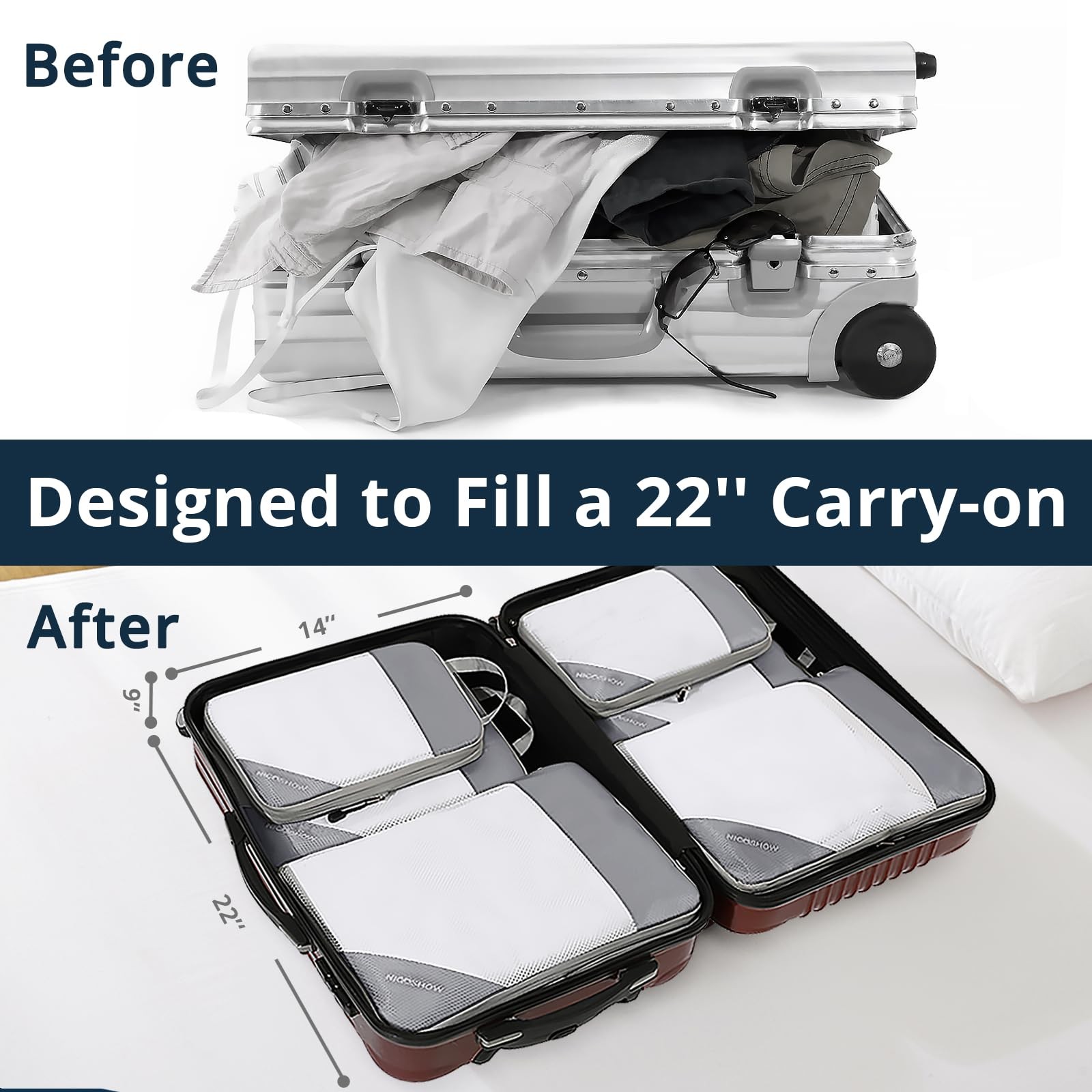 NICOSHOW 6 Set Compression Packing Cubes for Travel – 6 pcs, Grey