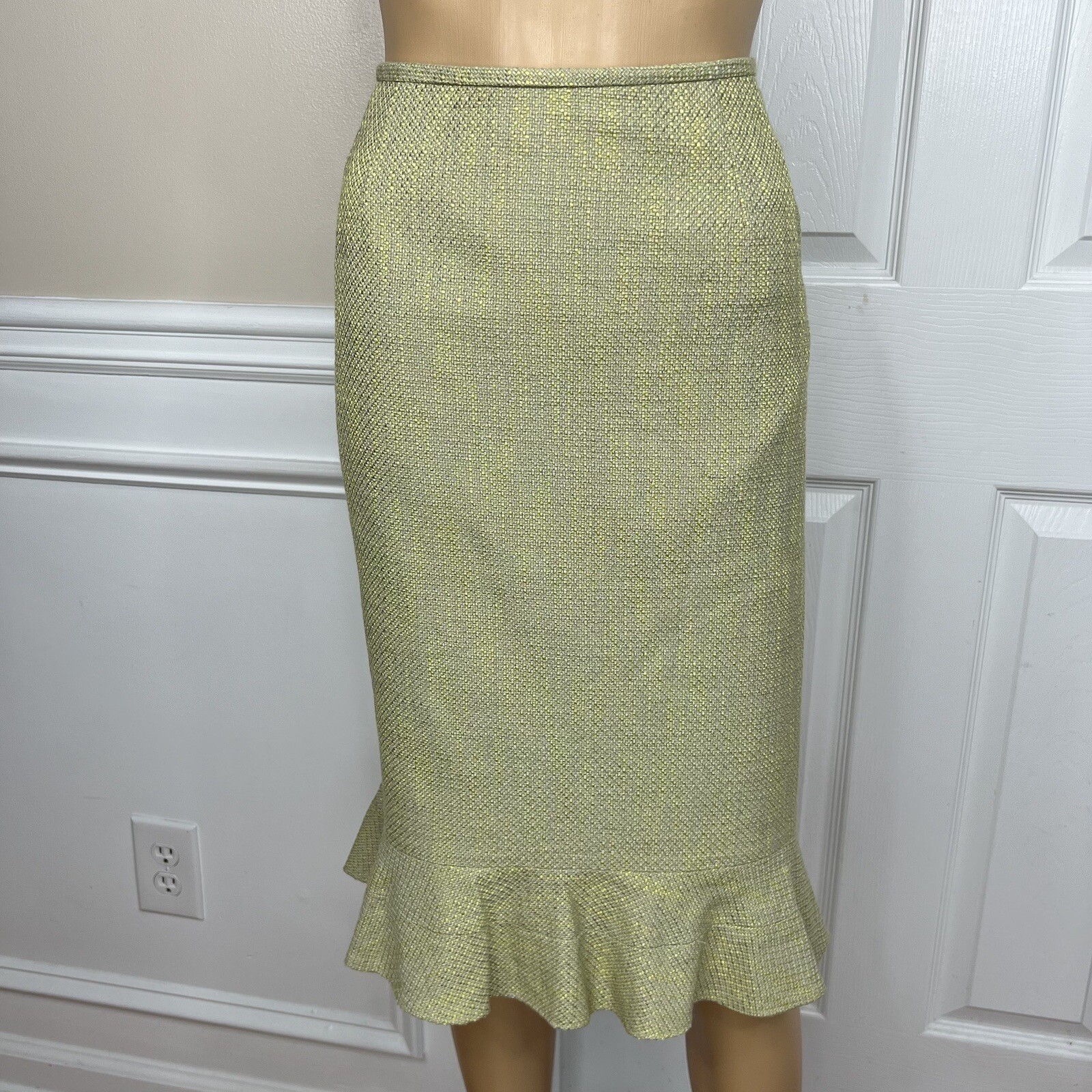 Kasper Women Polyester Rayon Skirt Suit 16 Green Ruffle Lined Wrap Belted 2PC