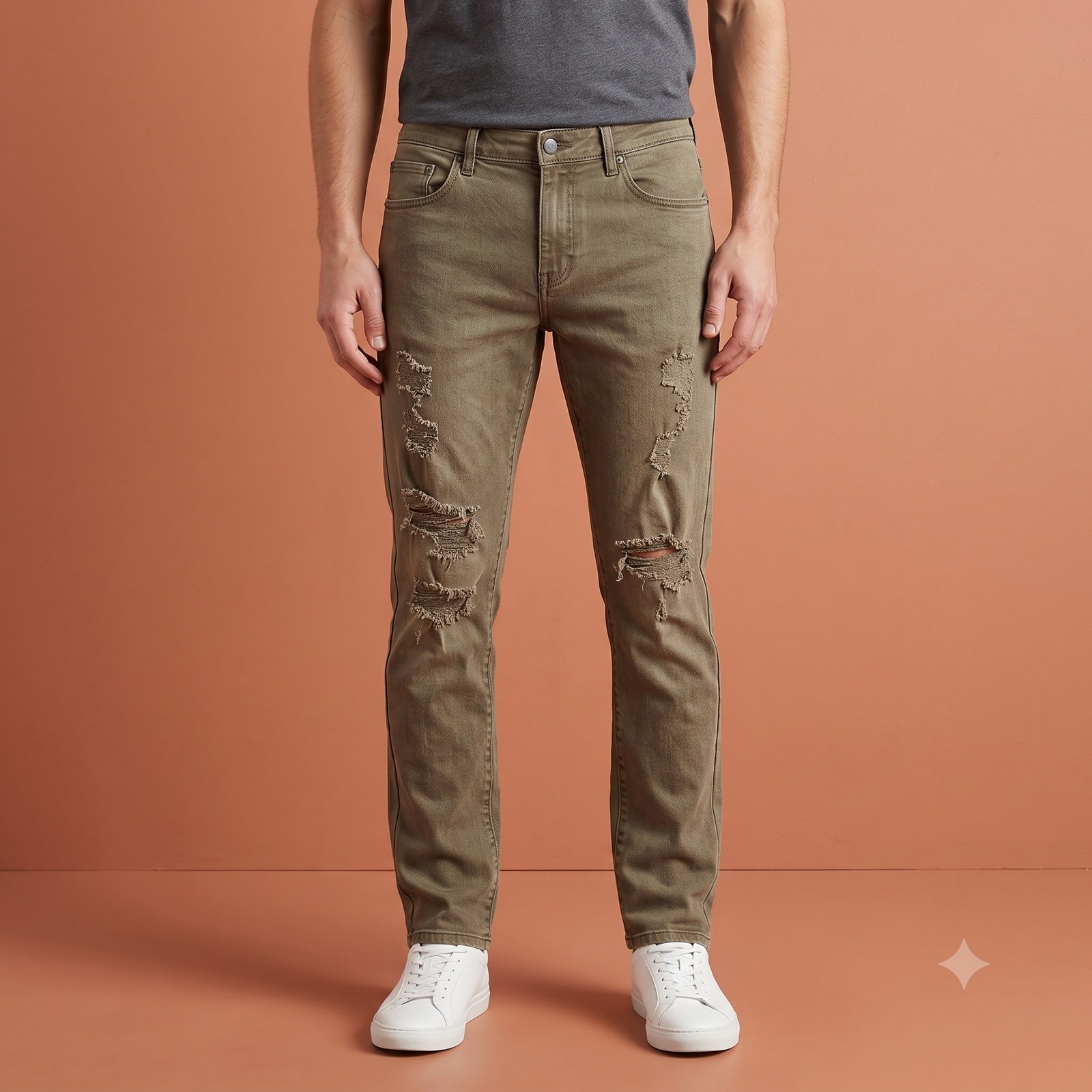 Waimea Skinny Fit Distressed Jeans Mens 34×32 Olive Drab Stretch Denim EUC