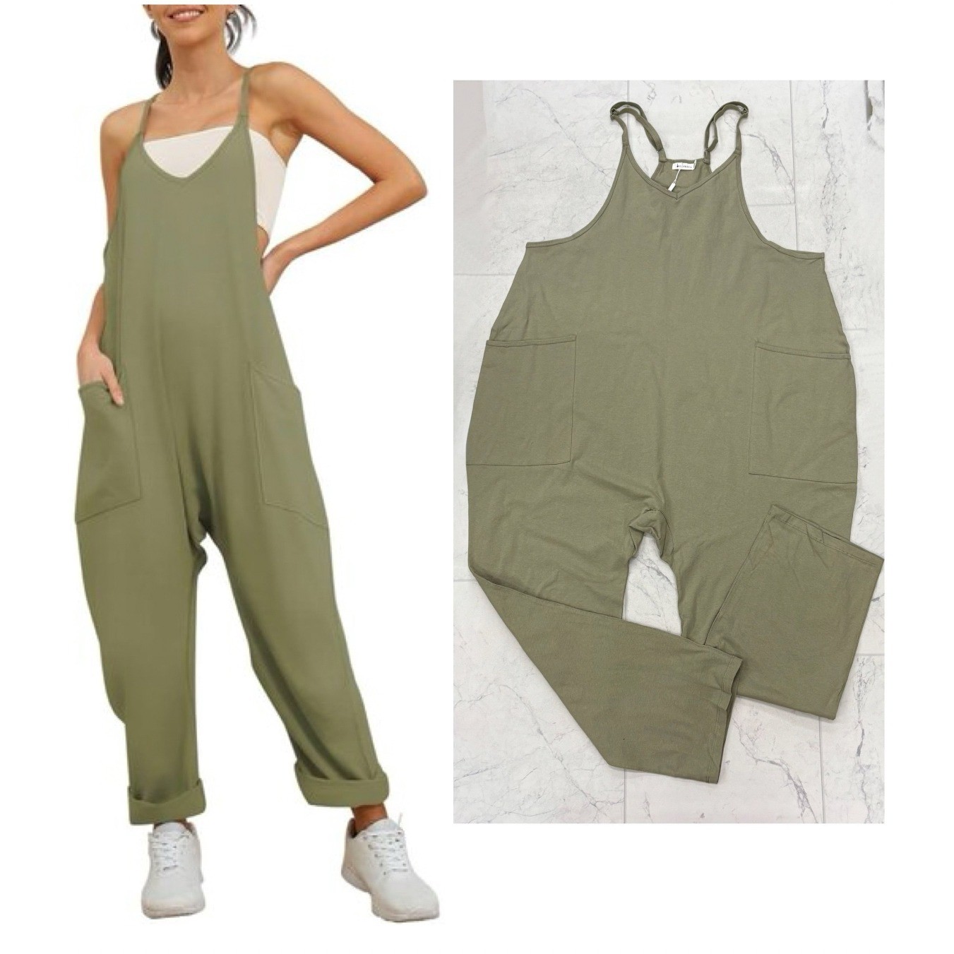 OUFEIYA Olive Green Wide Leg Pocket Jumpsuit Overalls Women Size 2XL