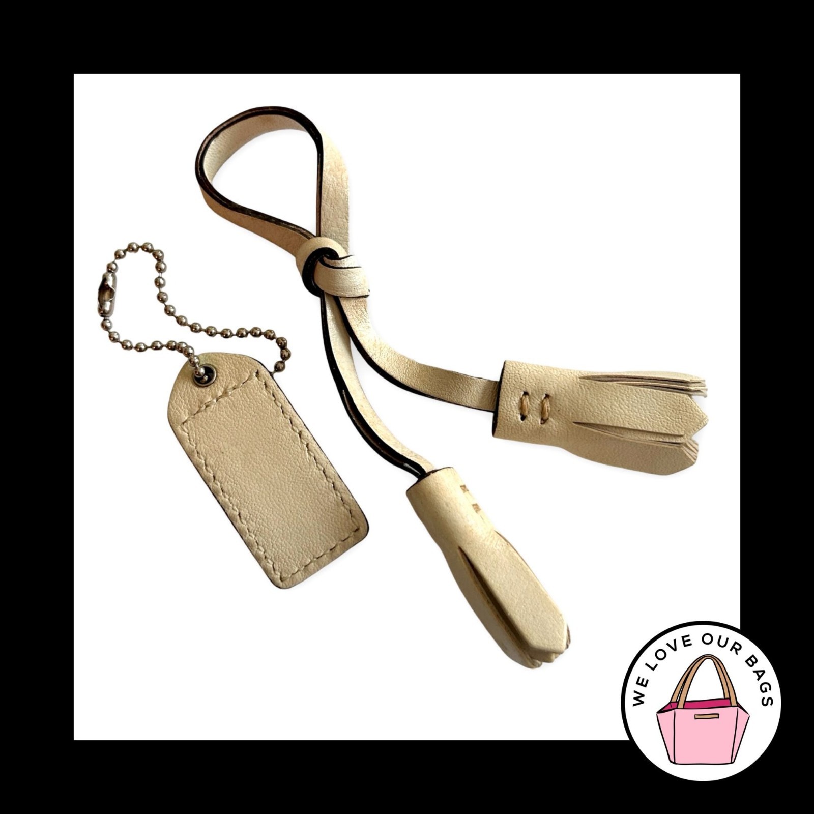 2 Lot VINTAGE Y2K COACH Chalk Off White Leather Tassel Hang Tag Bag Charm Fob