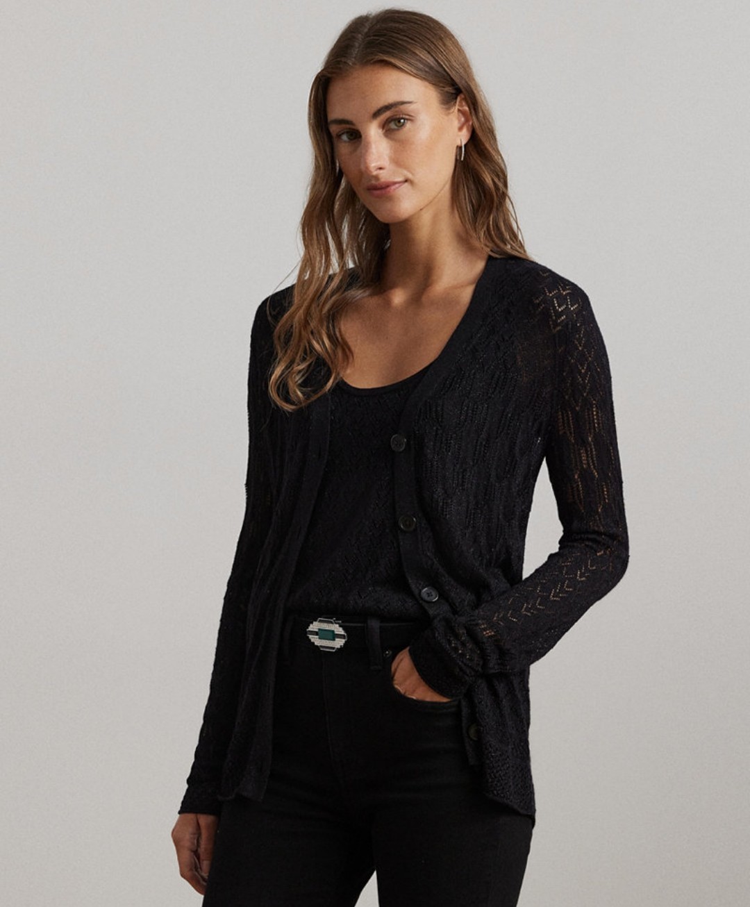 Lauren Ralph LaurenWomen’s Pointelle Knit Buttoned Placket Cardigan Black $195