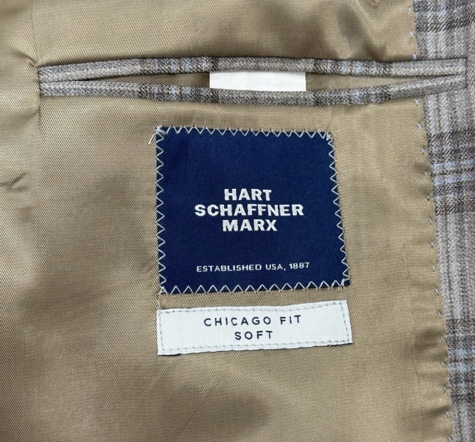 Hart Schaffner Marx Chicago Fit Soft Gray Plaid Wool Sport Coat 40L 2-Button