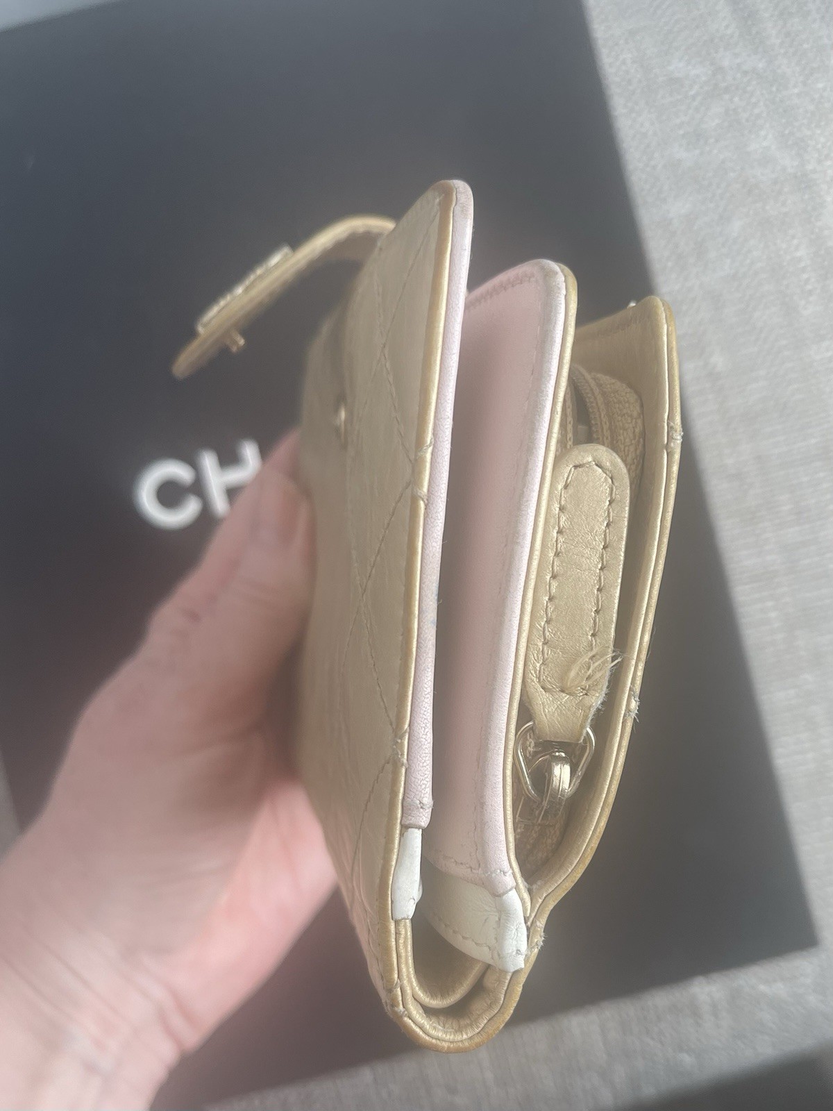 CHANEL Quilted Bifold Wallet CC Logo Snap Tab Zip Coin Pocket Gold Pink