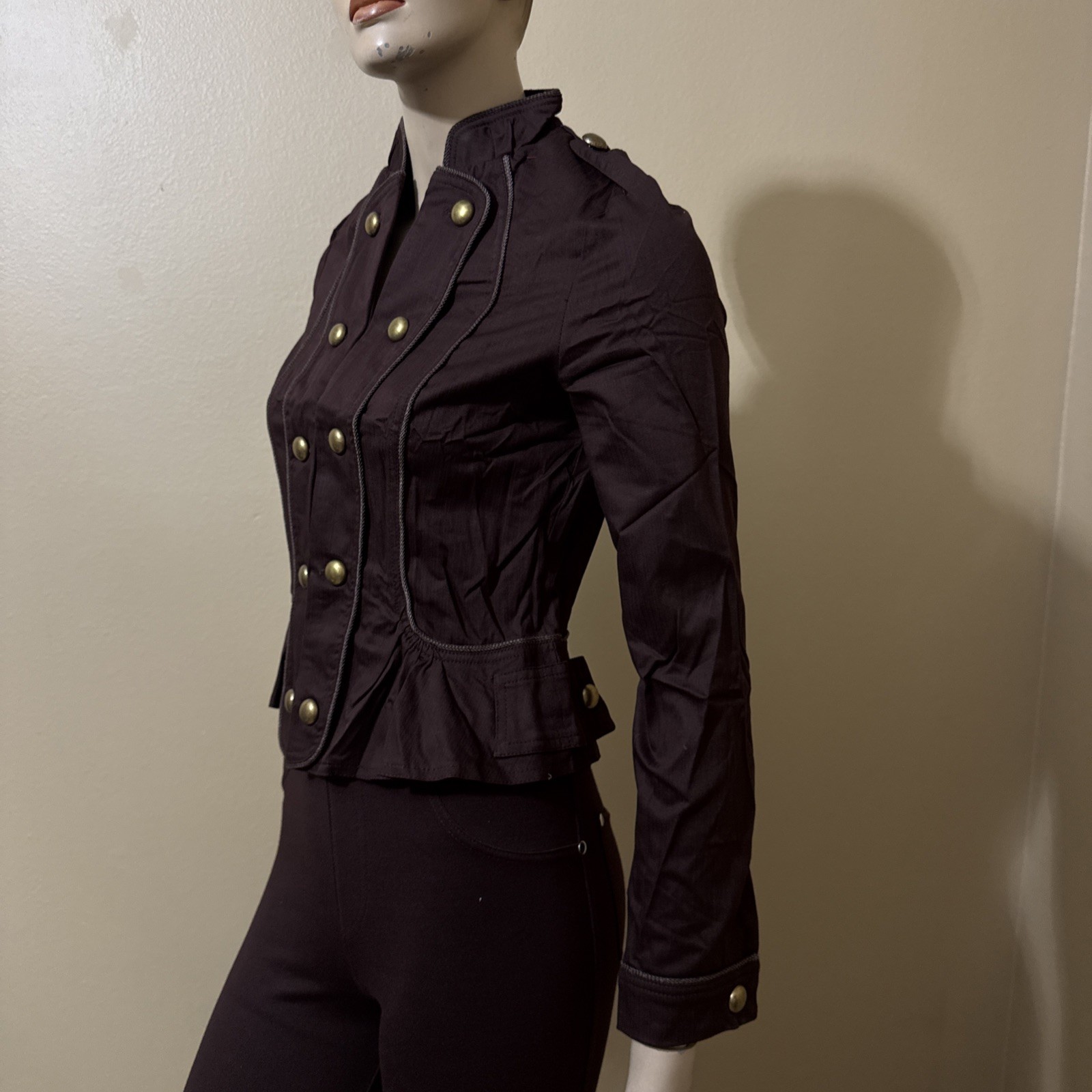 Women’s Brown Cotton Casual Stretch Slim Unlined Metal Button Hook Size S Jacket
