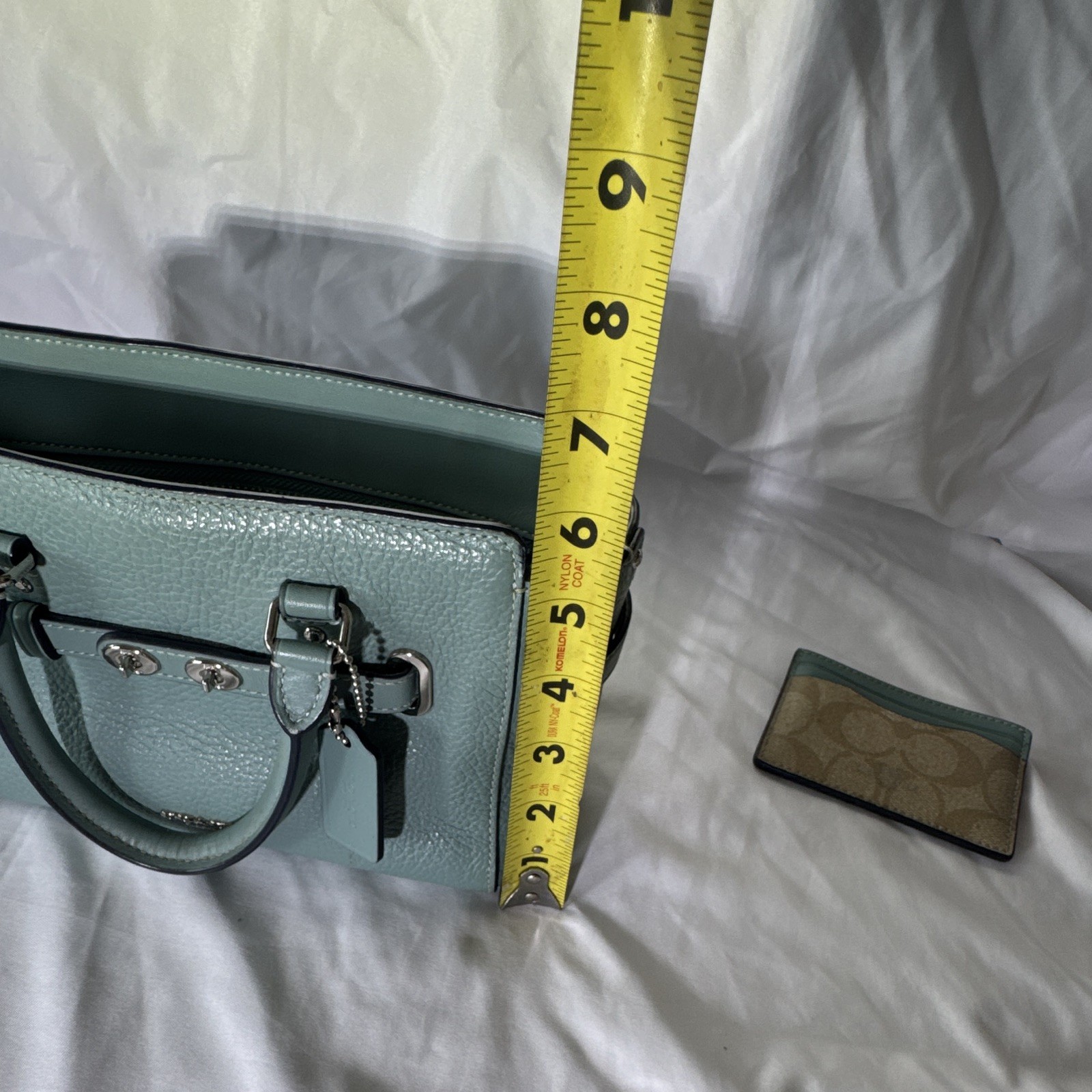 Coach Light Blue Pebbled Leather Satchel, Zip, Silver Hardware, Pockets, Studs