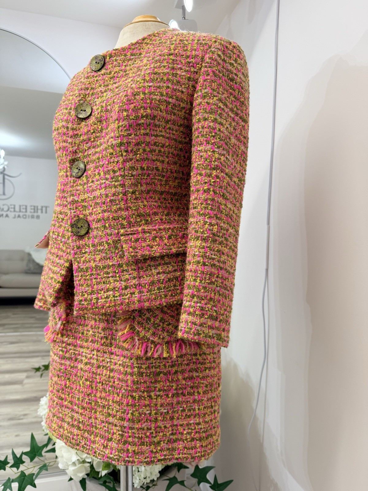 Pink Multi Tweed Fringe Blazer Jacket And Skirt M Floral Print Lining