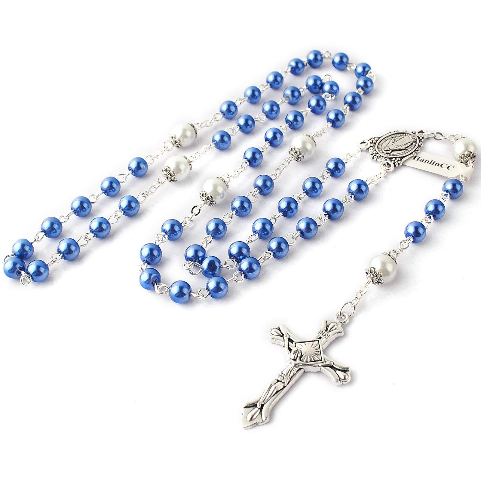 HanlinCC 6mm Glass 53cm (20.8 inches), Blue Rosary with Miraculous Gift Box