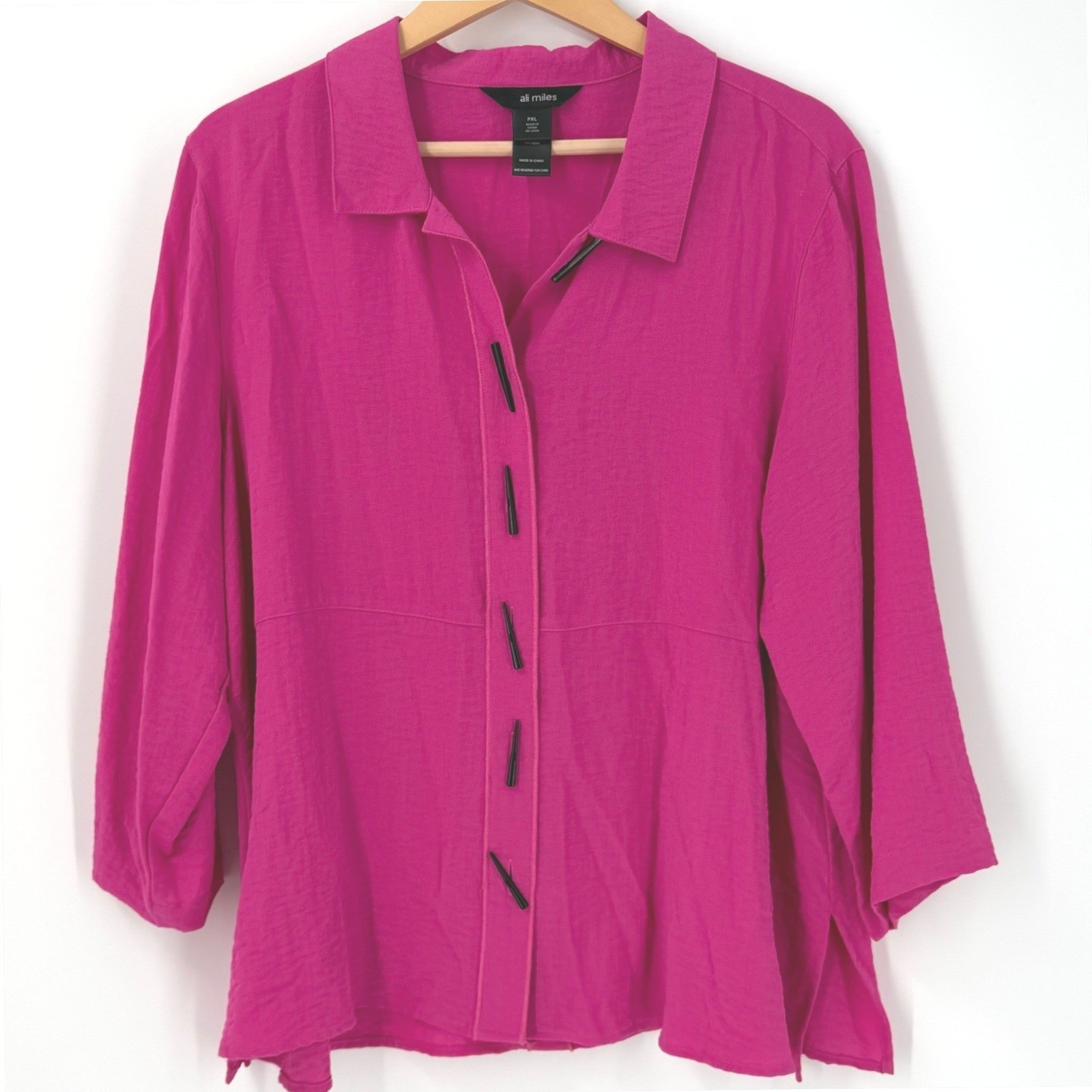 Ali Miles Toggle Button Front Blouse Top Women SZ Petite XL Pink Artsy Lagenlook