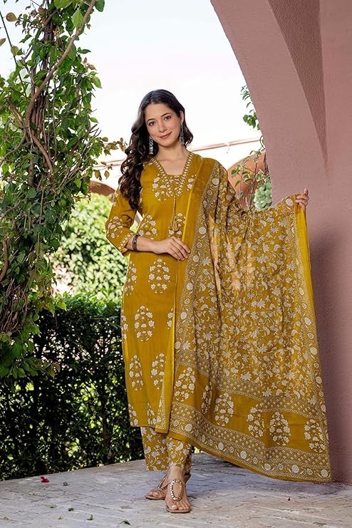 Women’s Pure Cotton Printed Straight Kurta Set with Palazzo Pants & Dupatta