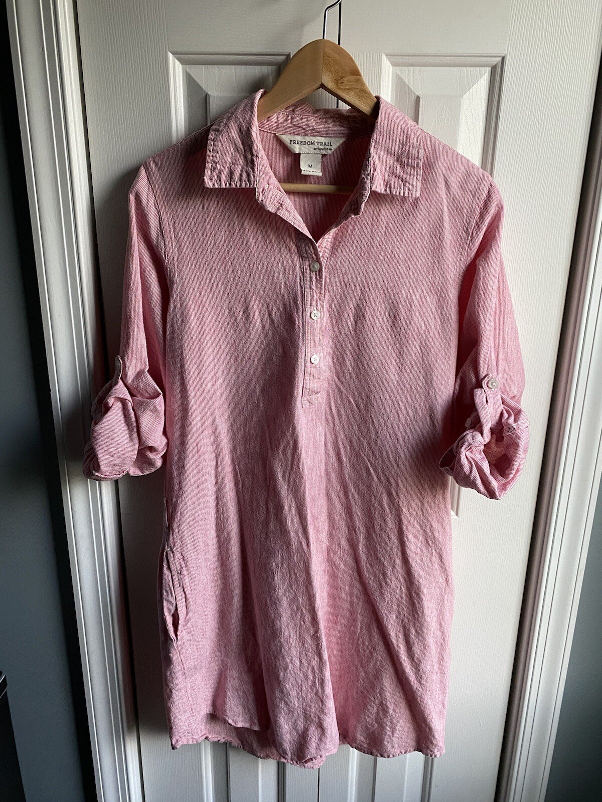 Freedom Trail by Kyodan Womens Red Striped Linen Blend Shirt Dress Size M *READ