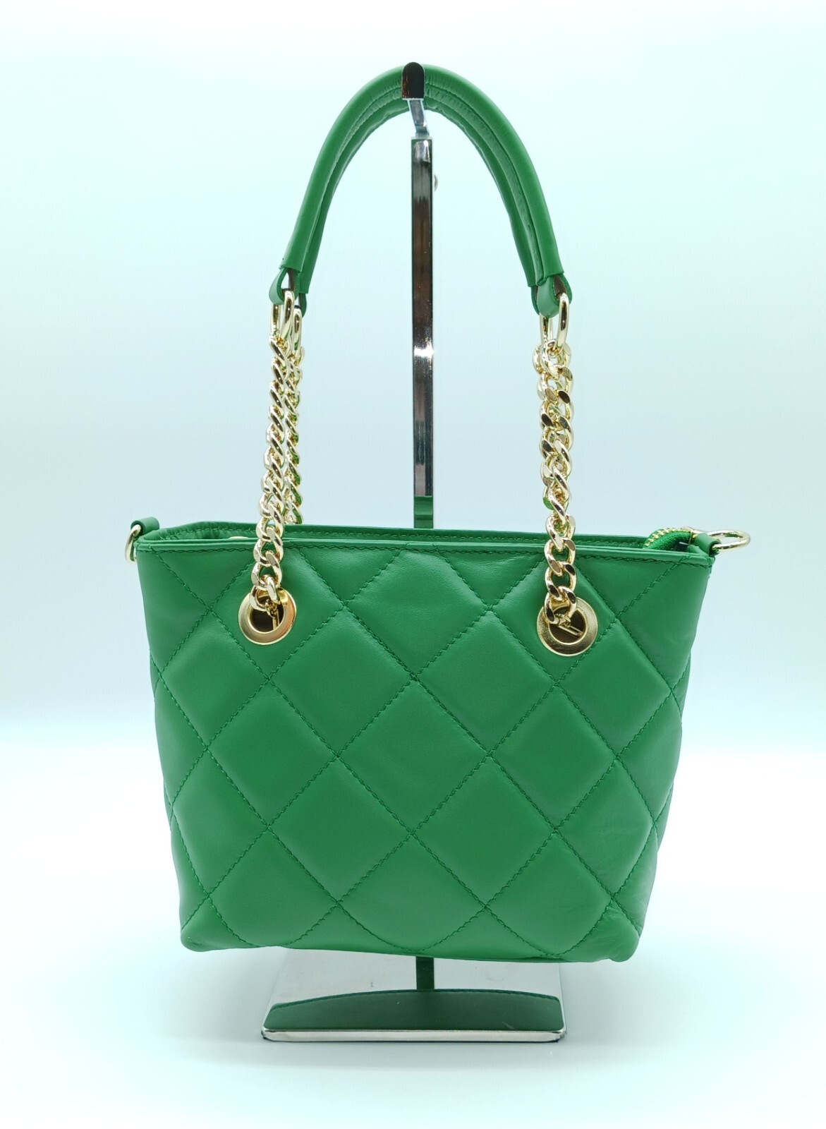 Italian Genuine Leather Small Quilted Tote Crossbody – Made In Italy – Green