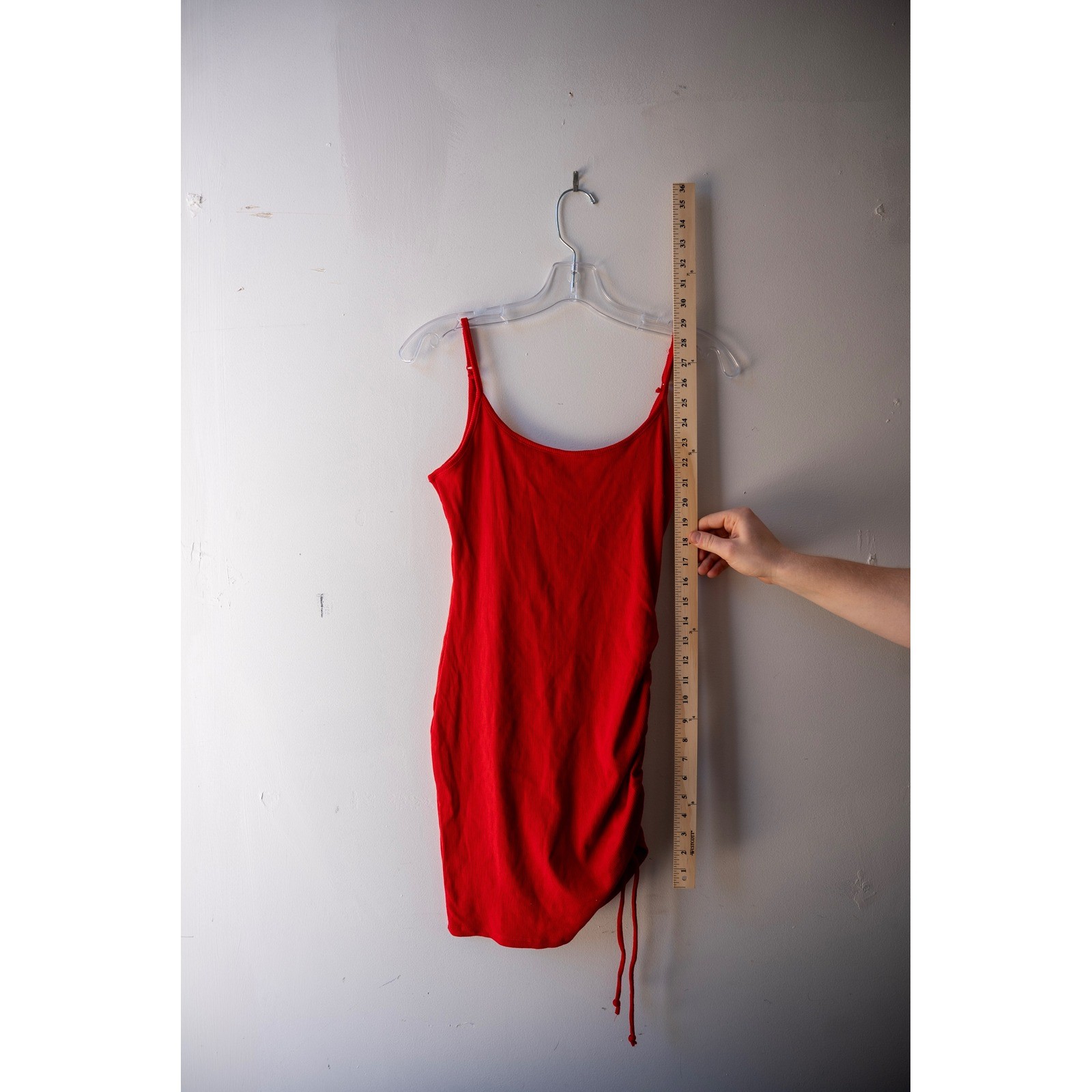 Red Side Ruched Bodycon Mini Dress Spaghetti Strap Scoop Neck Stretch Knit