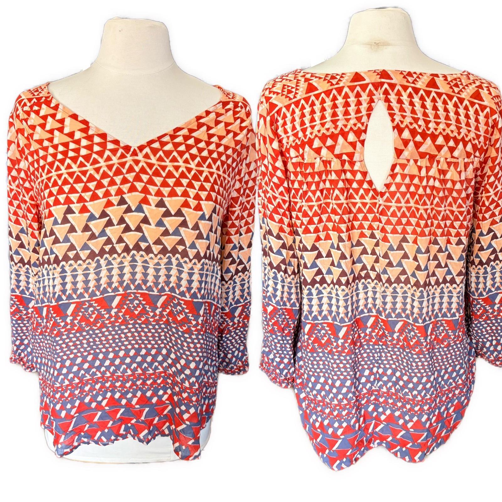 LUCKY BRAND NEW Top Aztec Tribal Print 3/4 Sleeve V-Neck Keyhole Back Blouse
