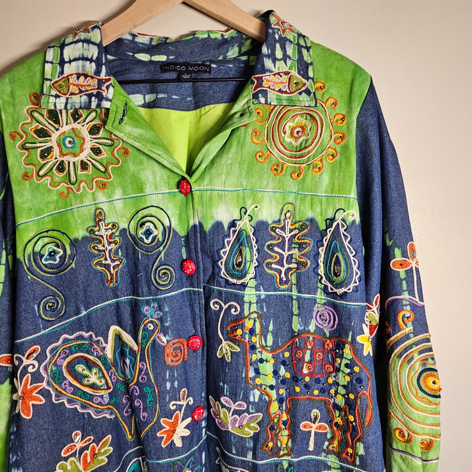 Indigo Moon Large Jacket Green Tie Dye Blue Denim Embroidered Beaded Boho Artsy