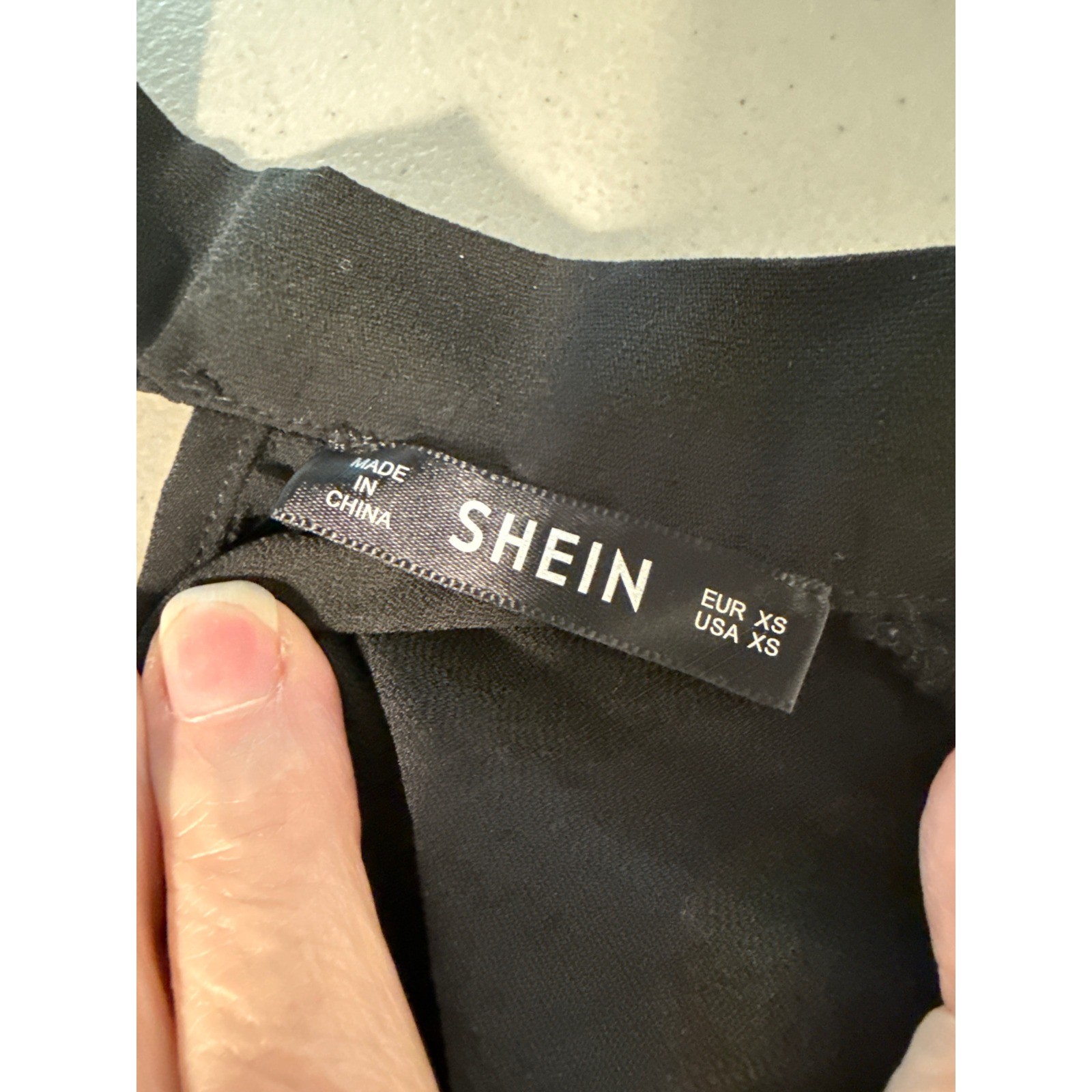 Shein Black Tie Neck Short Sleeve Blouse Mesh Floral Embroidered Back XS