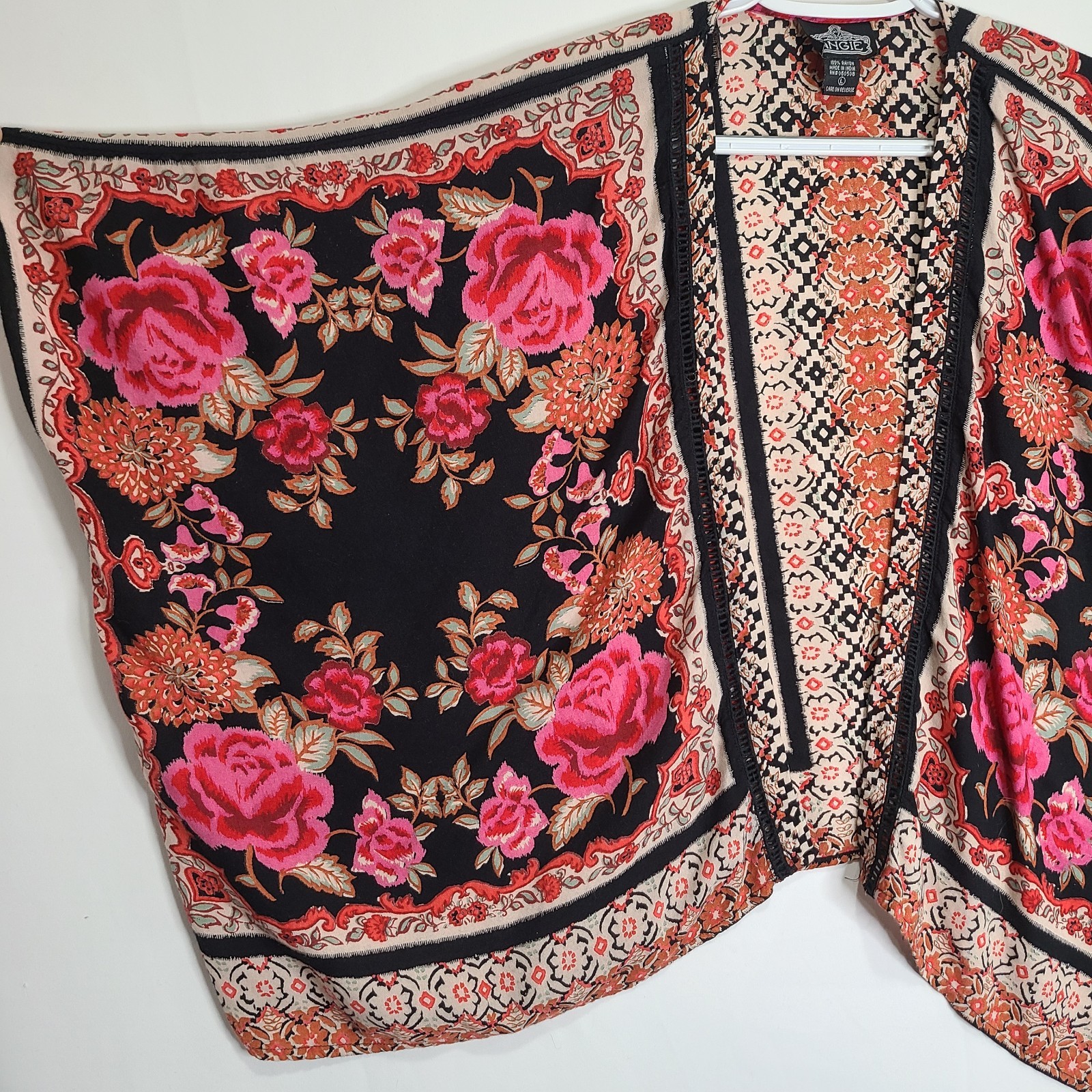 Vtg 90s Y2K Angie Colorful Lightweight Oversized Relaxed Shawl Roses Floral Lg