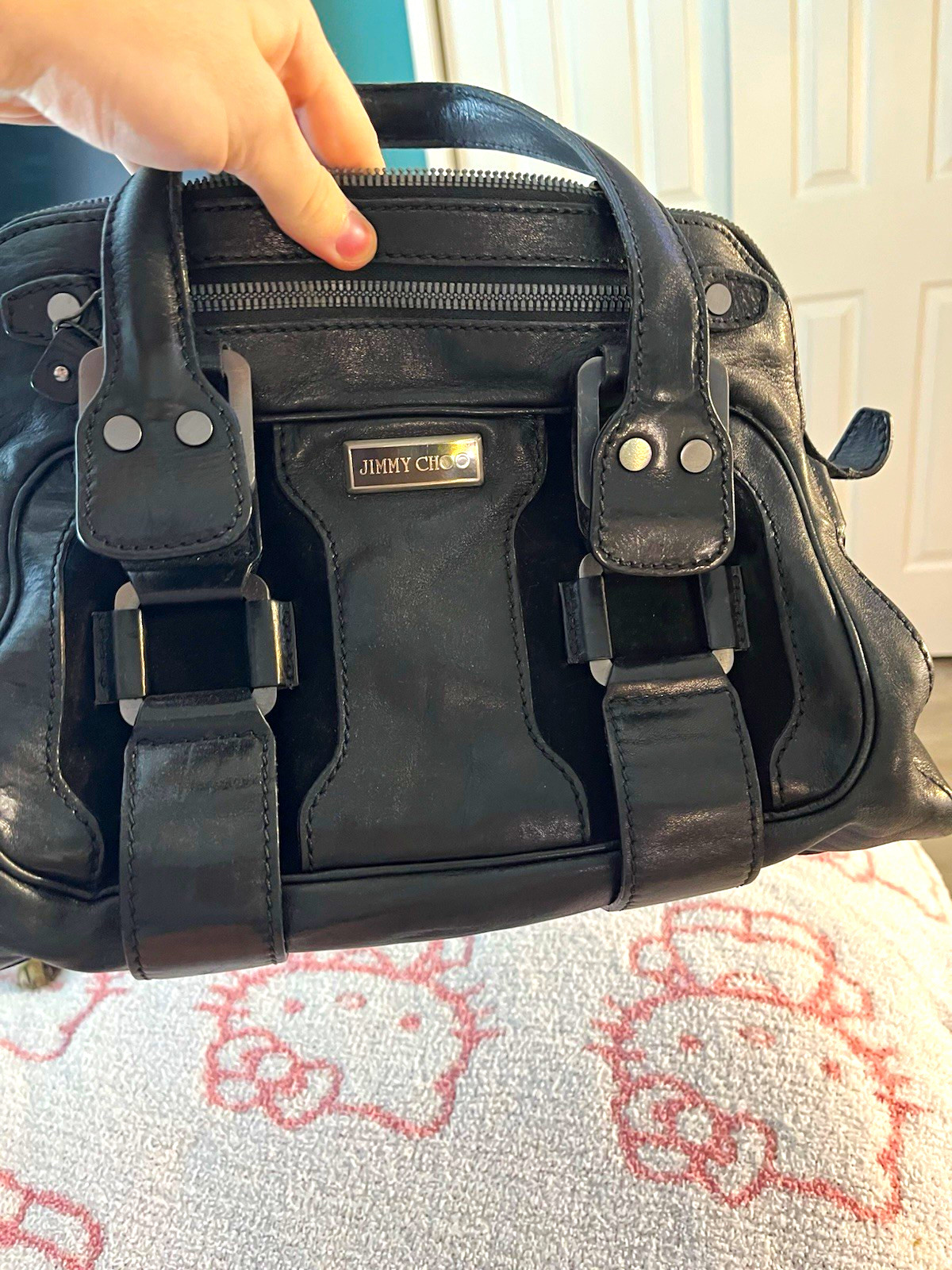 Jimmy Choo Black Satchel Top Handle Zip Medium Silver Hardware Detachable Strap
