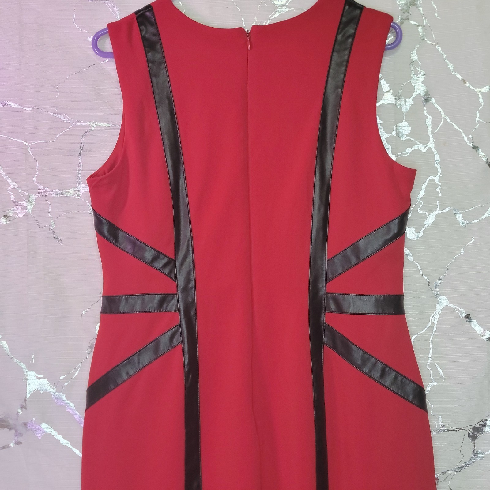 NY&C Red Bodycon Dress With Black Leather Trim And Pockets