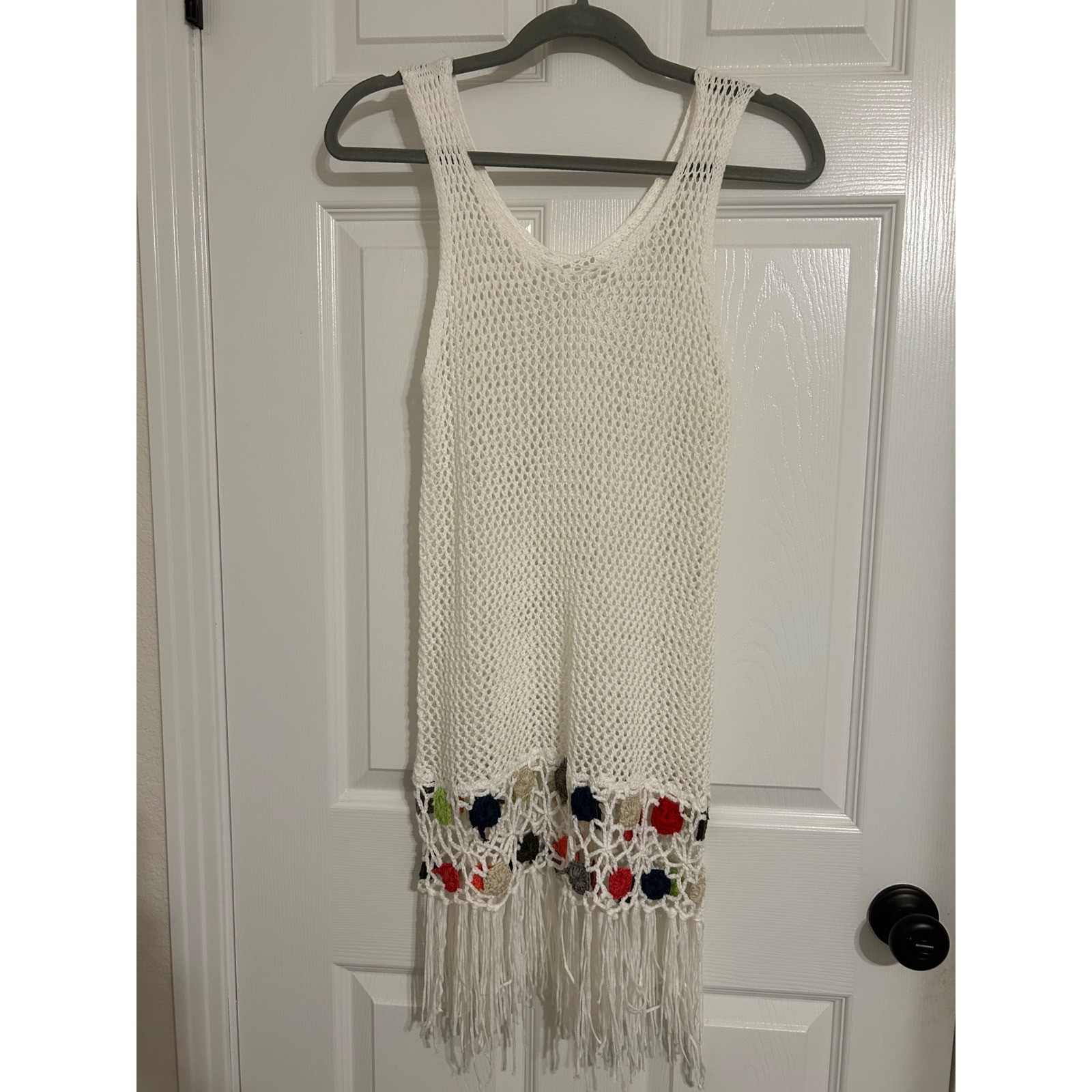 White Crochet Knit Fringe Tank Top Multi Color Floral Accent Beach Cover Up