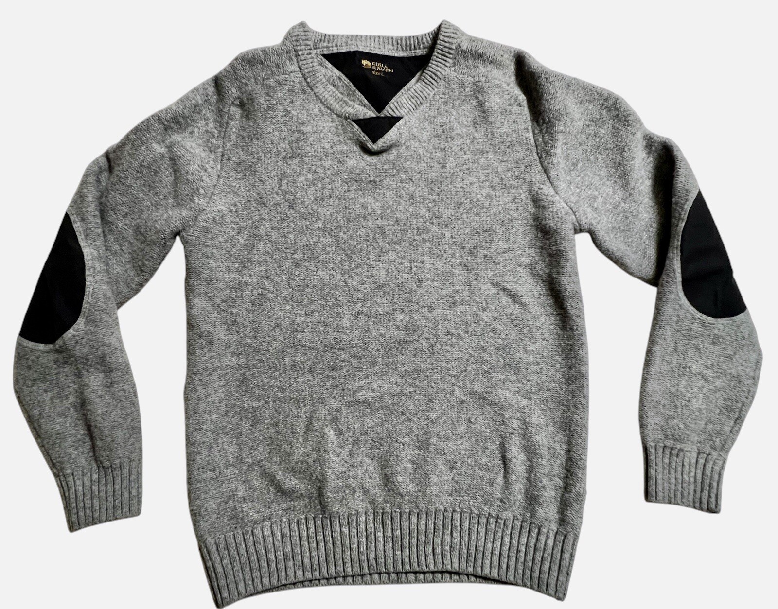 Fjallraven Sweater Woods Mens Medium Gray 100% Wool V Neck Pullover Elbow Pads